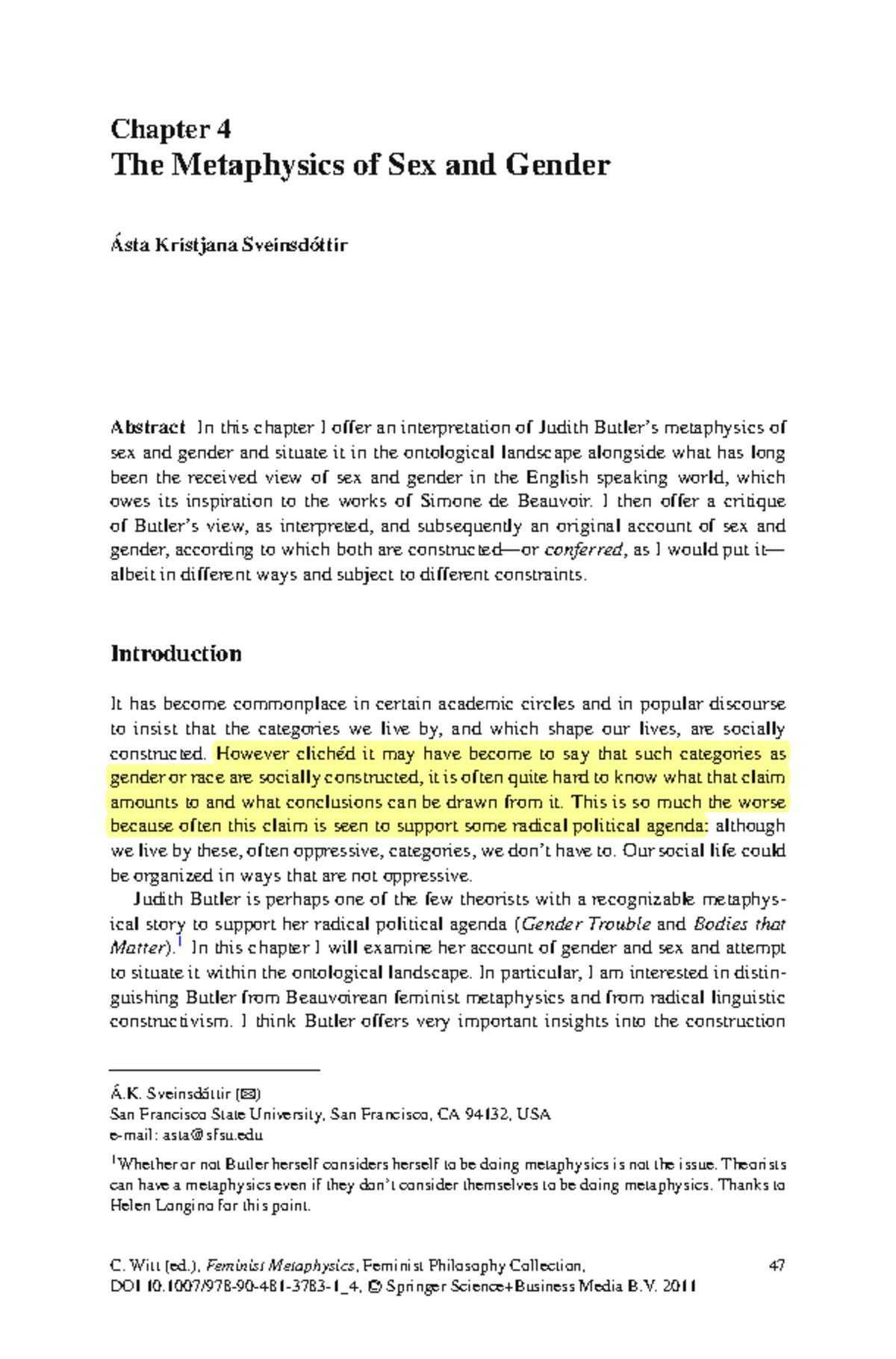 Chapter 4: The Metaphysics of Sex and Gender (PHIL 301) - An Analysis ...