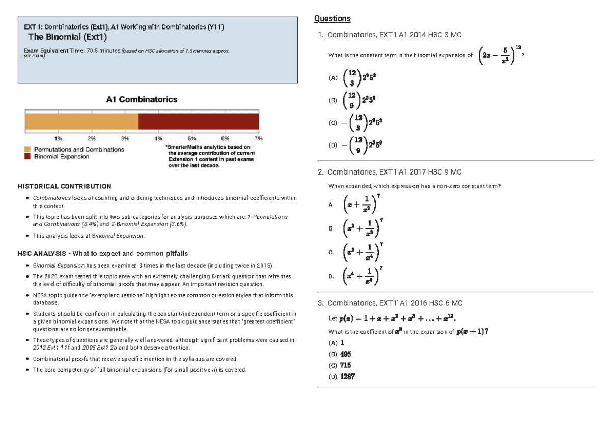 EXT1: Combinatorics A1 - Binomial Expansion Exam Insights - Studocu