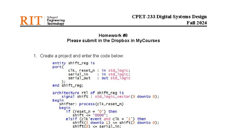 Digital Systems Design (CS101) Fall 2024 Homework #8 Instructions - Studocu