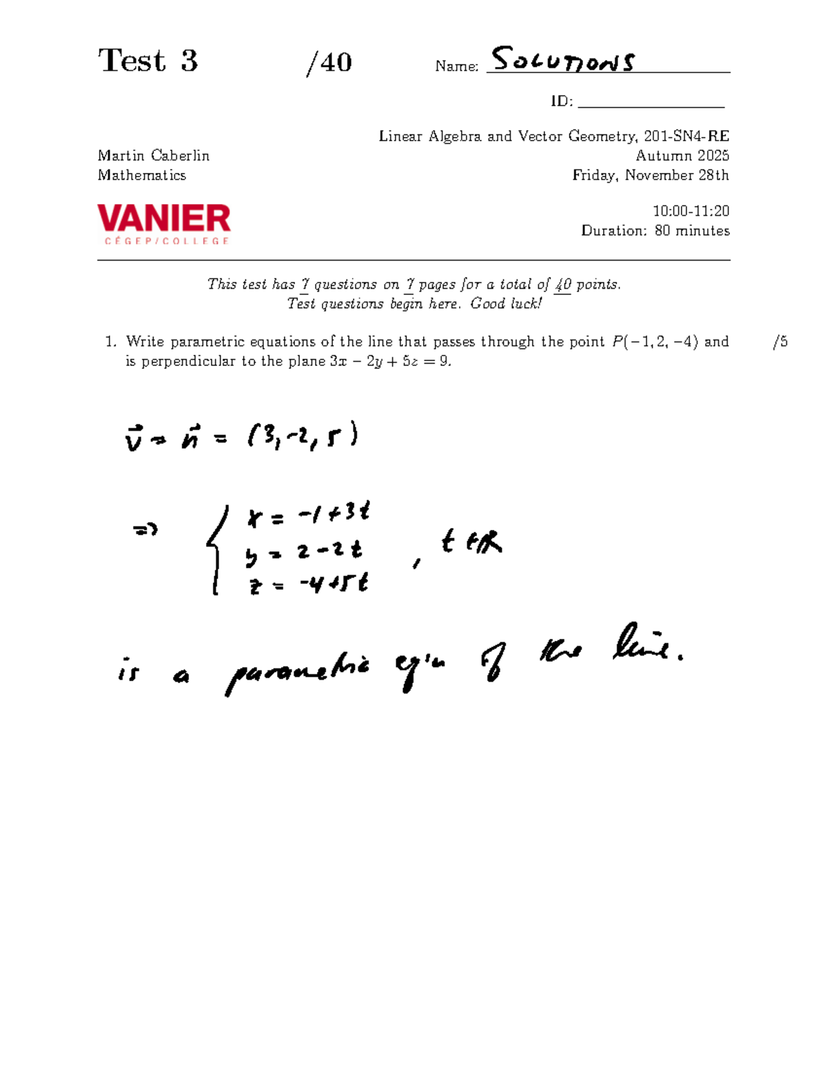 Test 3 Solutions: Linear Algebra & Vector Geometry, Autumn 2025 - Studocu