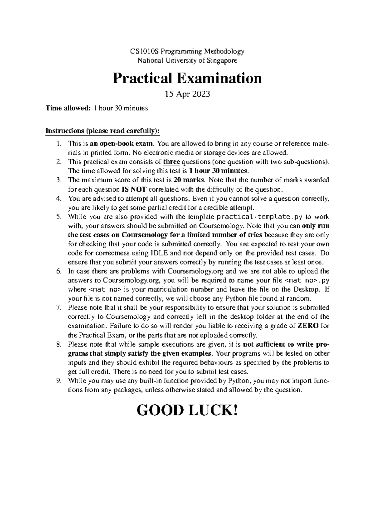 Practical Exam April 2023 - CS1010S Programming Methodology National ...