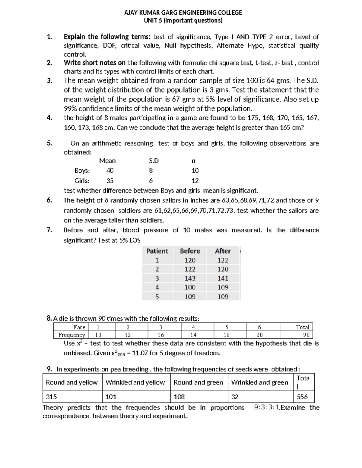 Important Questions for Maths-IV Unit 5: Statistics II - Studocu