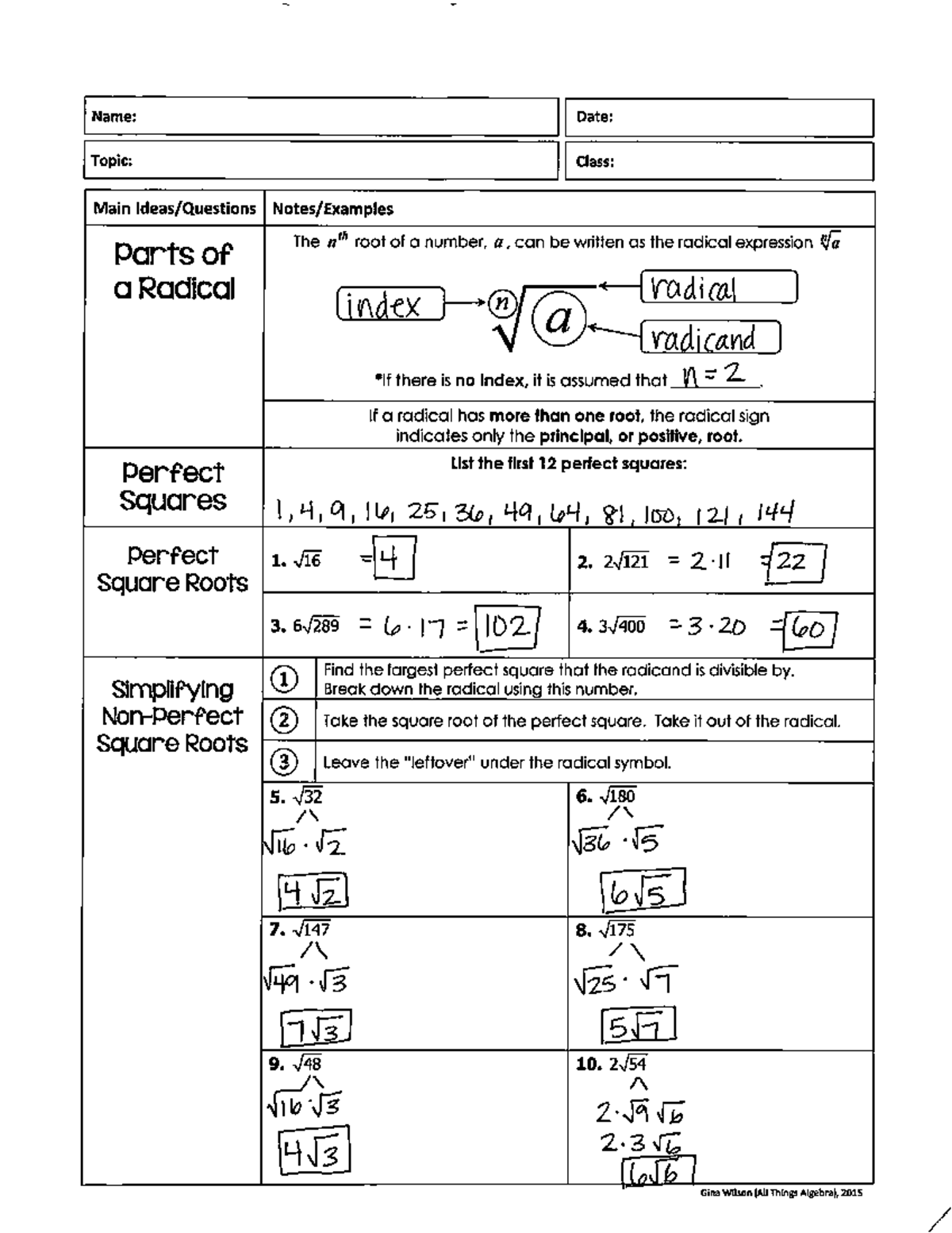 Radicals (Simplify, Add, Subtract, Mult, Divide) - Keys for Algebra ...