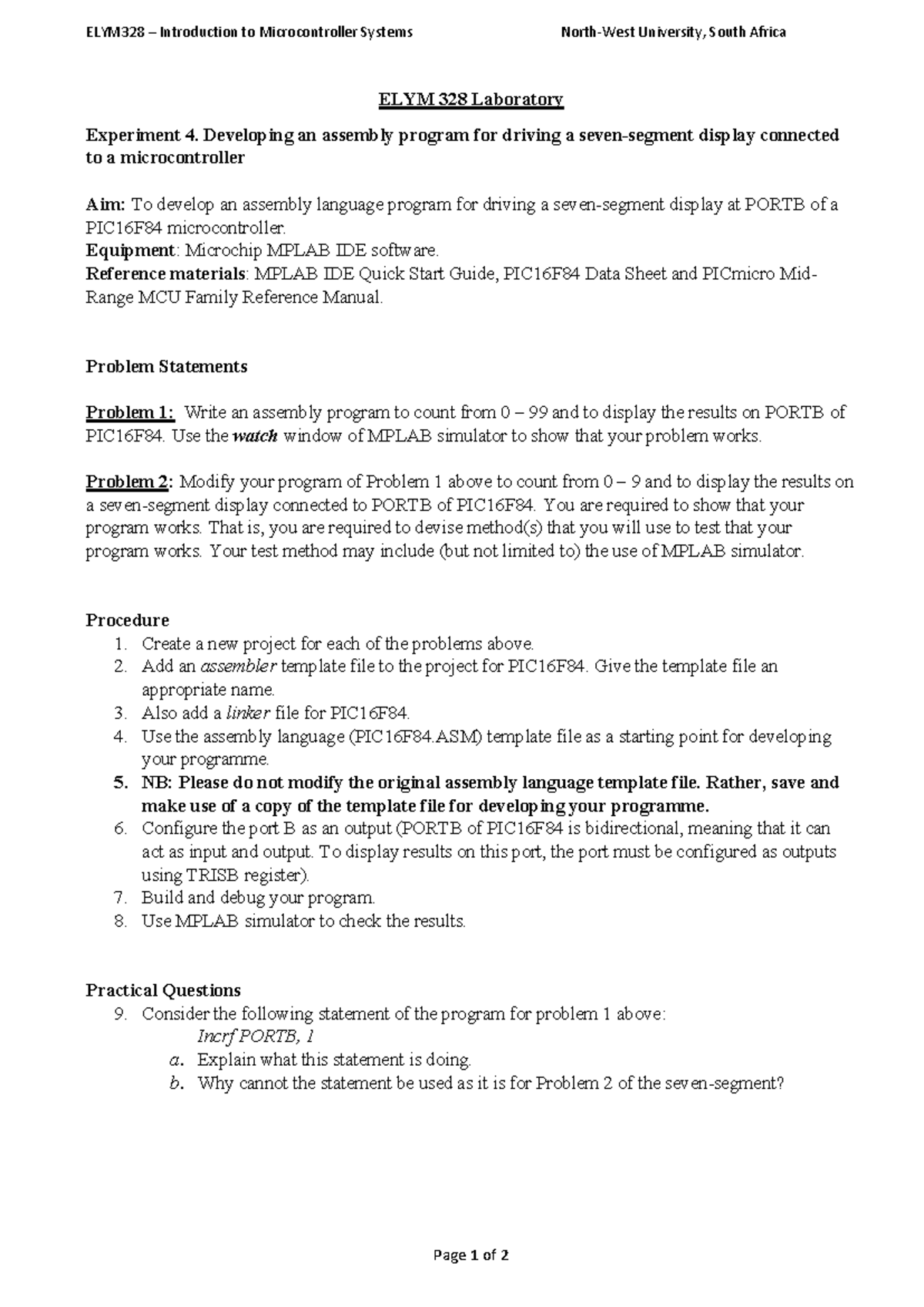 ELYM328 Lab 04: Assembly Programming for PIC16F84 Display - Studocu