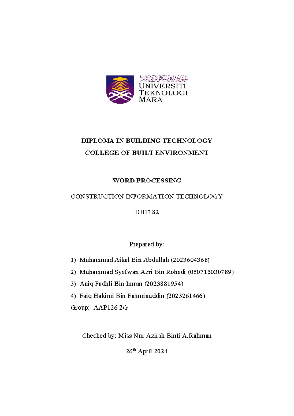 DBT 182 - Word Processing in Construction Technology - Studocu