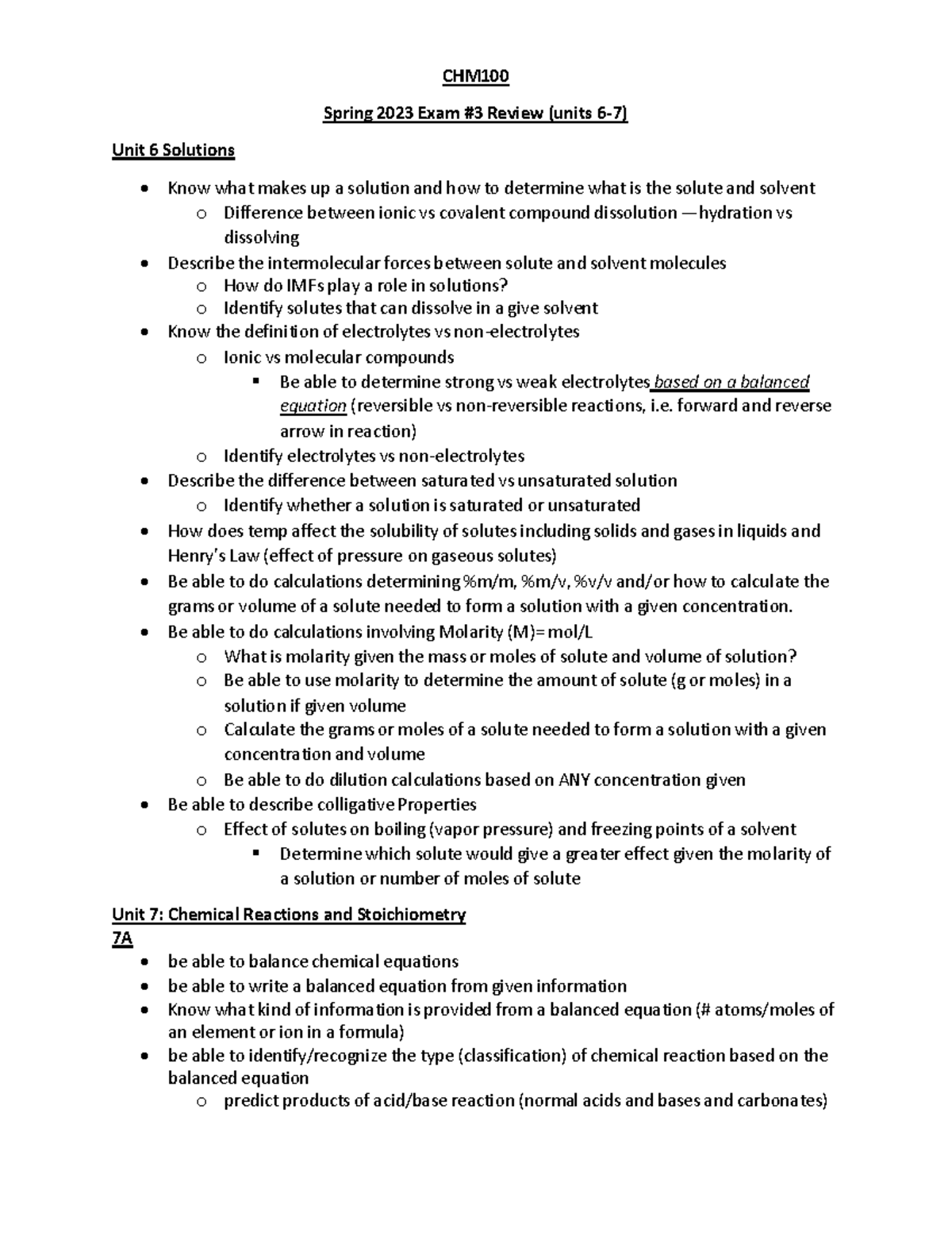 CHM Spring 2023 Exam #3 Study Guide: Solutions & Reactions - Studocu