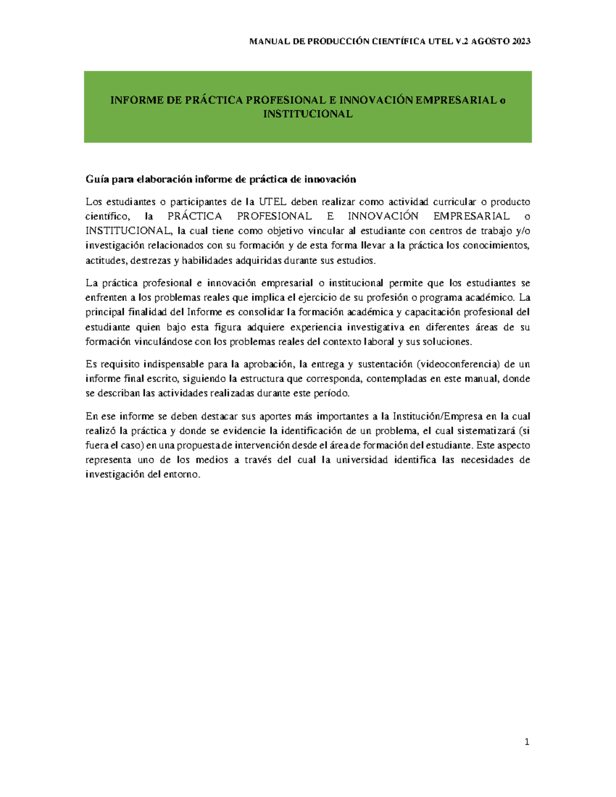 Guía para Informe de Practica Profesional e Innovación Empresarial (UTEL) - Document Preview