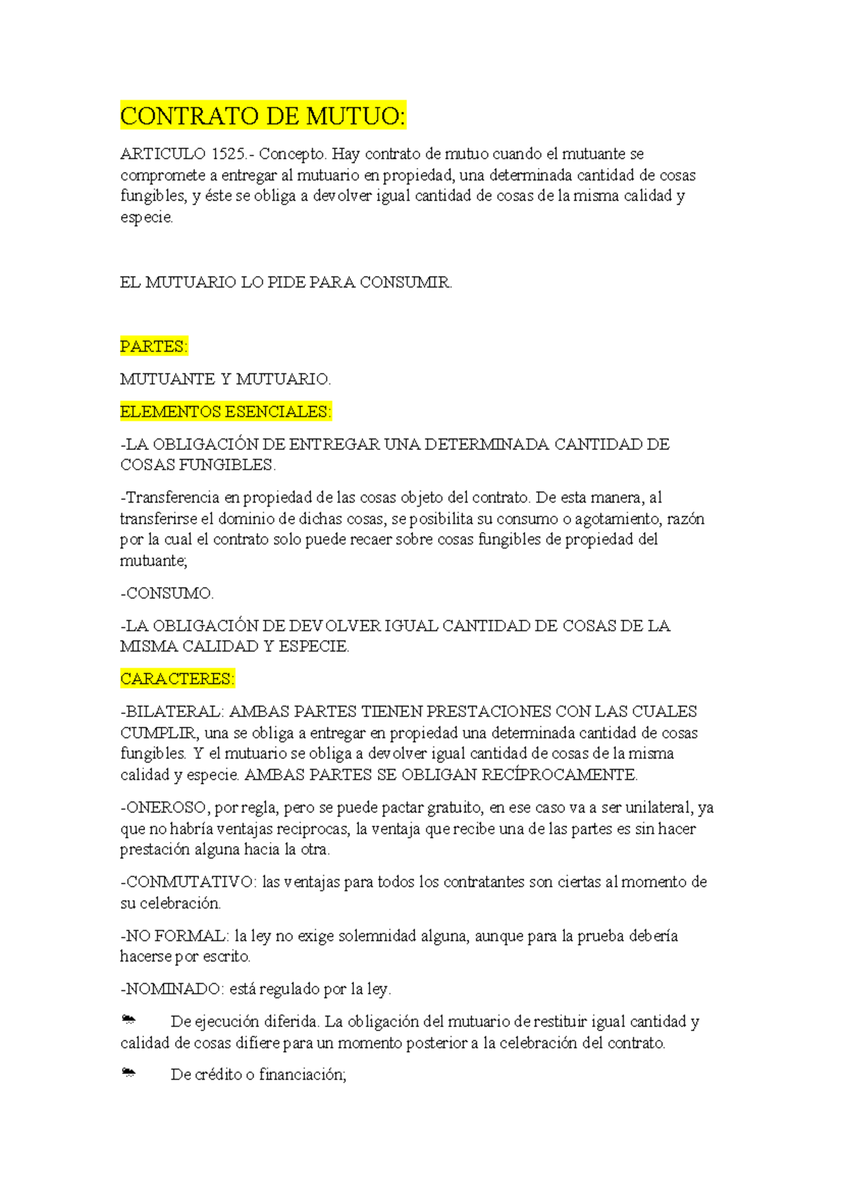 Contrato de Mutuo: Conceptos y Obligaciones - Cátedra Dr Pardo - Studocu