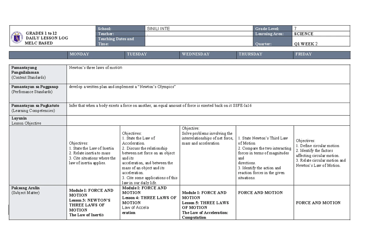 MELC DLL SCI 8 Q1 WEEK 1 Lesson Log on Force & Motion - Studocu