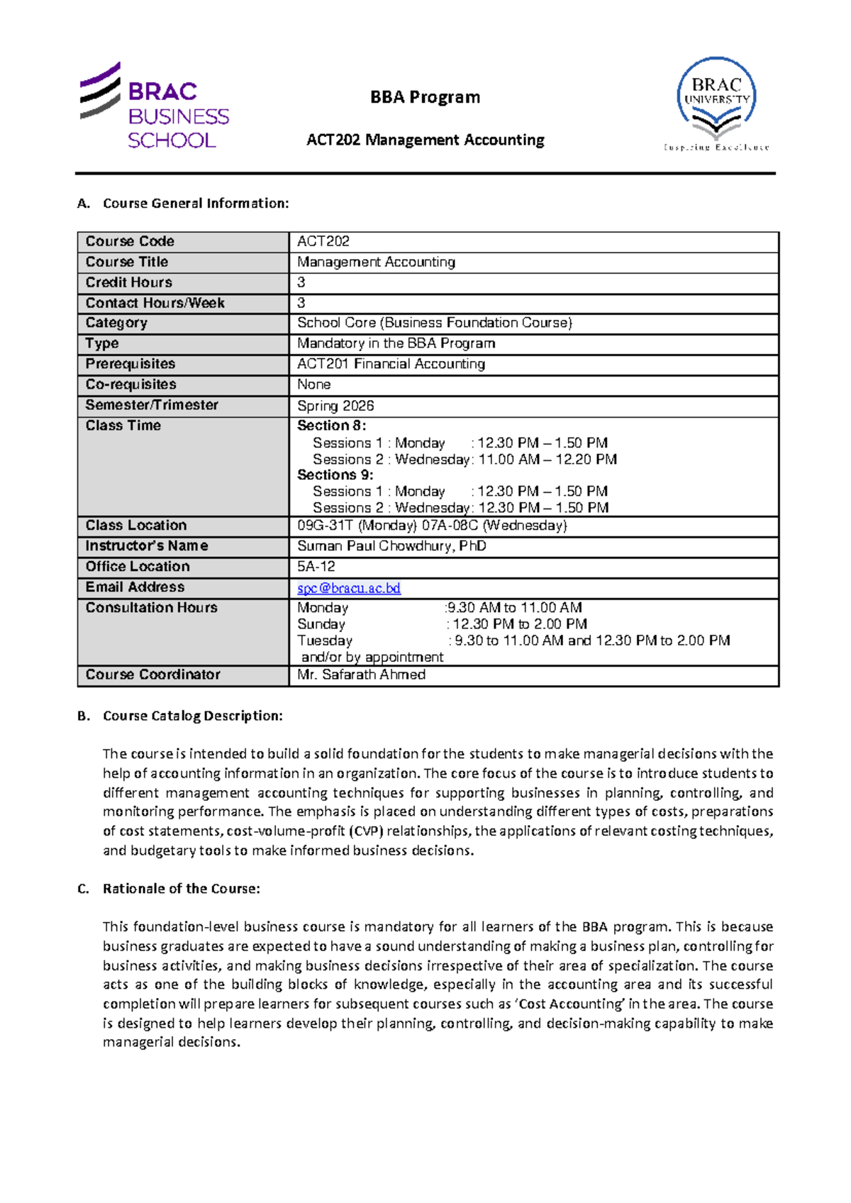 ACT202 Management Accounting Course Outline - Spring 2026 - Studocu