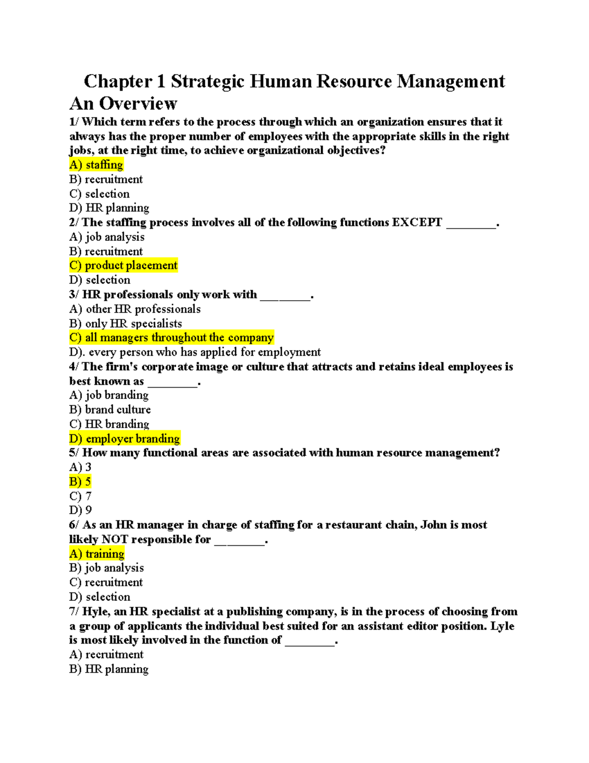 Answer Human Resources Management - Chapter 1 Strategic Human Resource ...