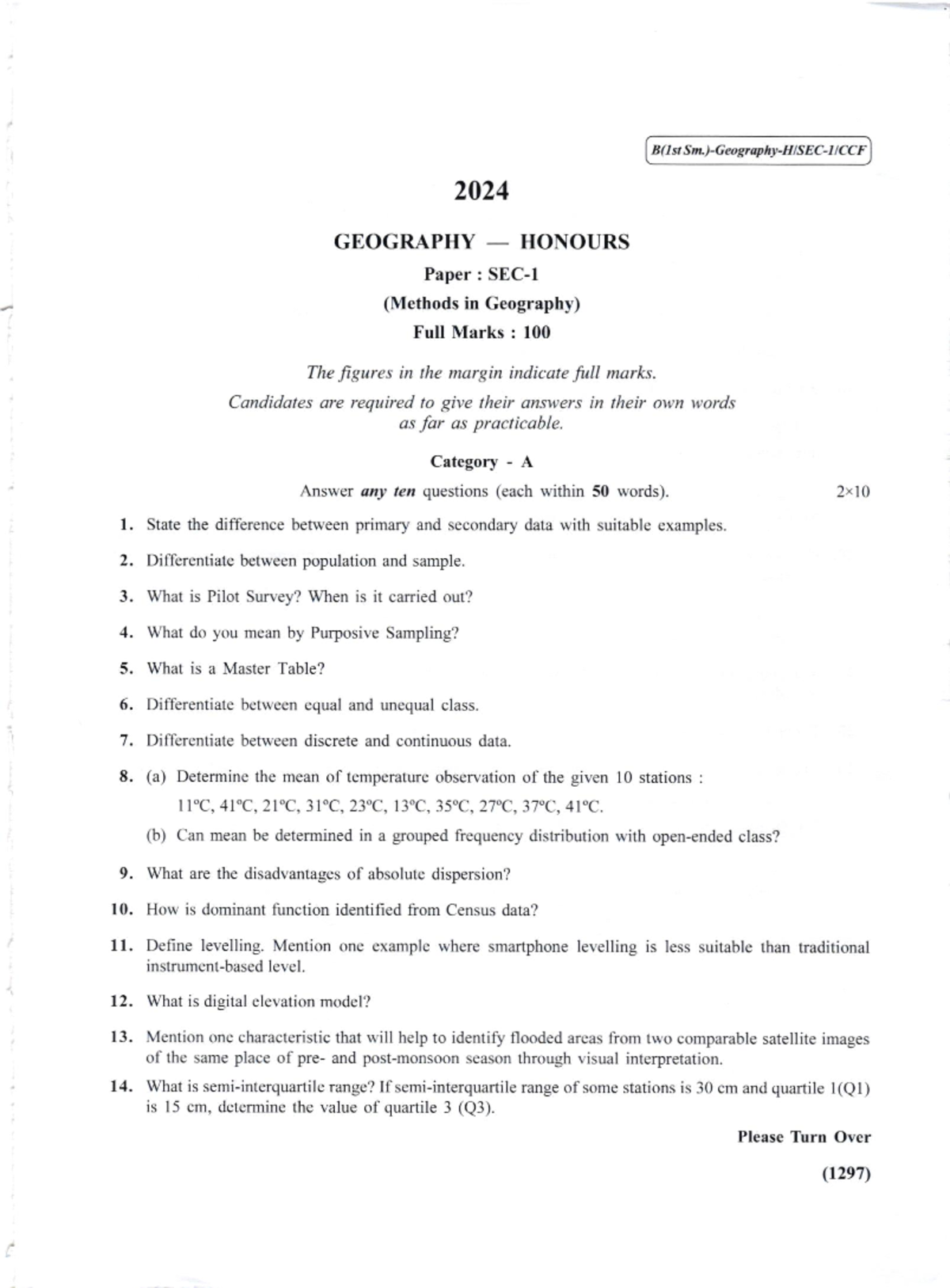 Geography (H) 2024 CCF SEM-I SEC-1 Methods in Geography Exam Guide ...