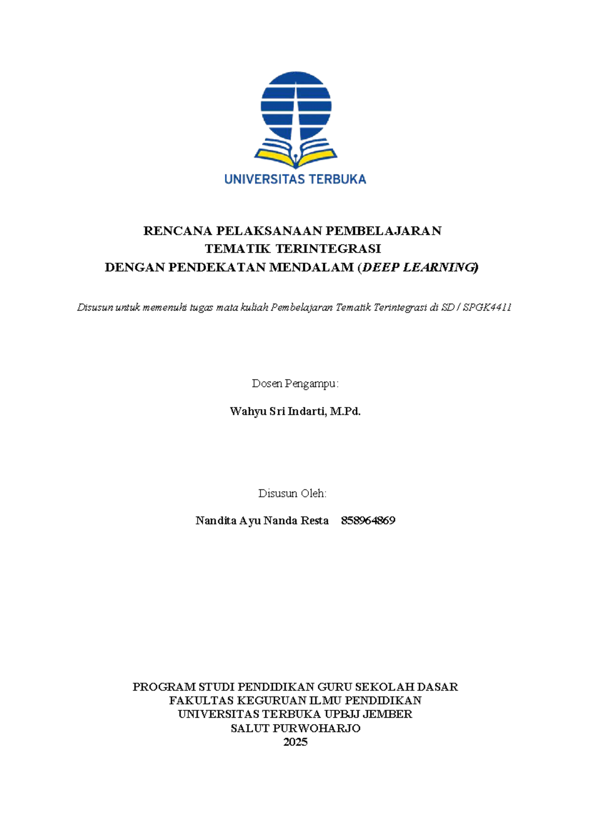 Cover rpp - untuk tugas - putri ayu kemalasari - RENCANA PELAKSANAAN ...