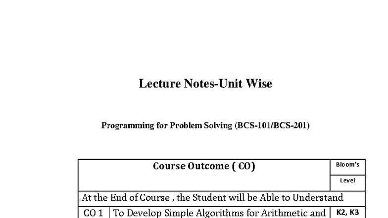 BCS101 Lecture Notes on Programming for Problem Solving - Studocu