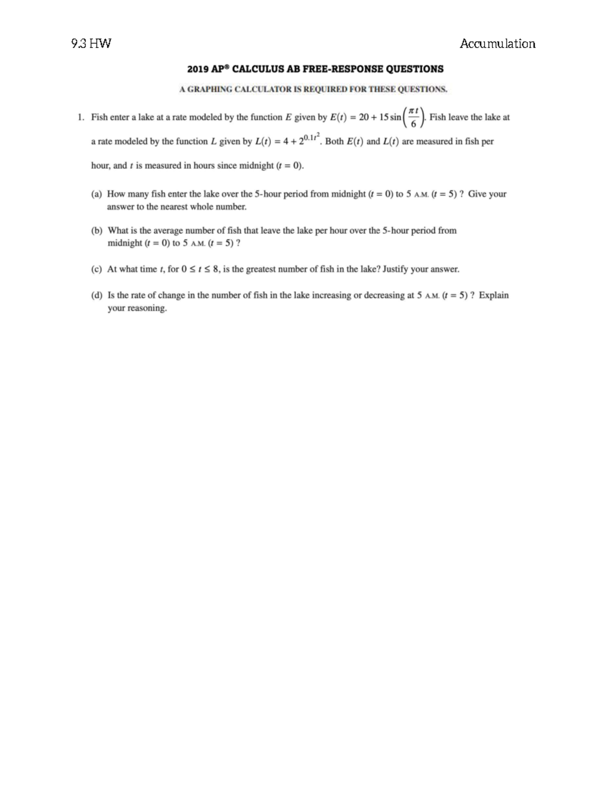 9.3HW AP Calculus AB FRQ Practice: Fish Population Dynamics - Studocu