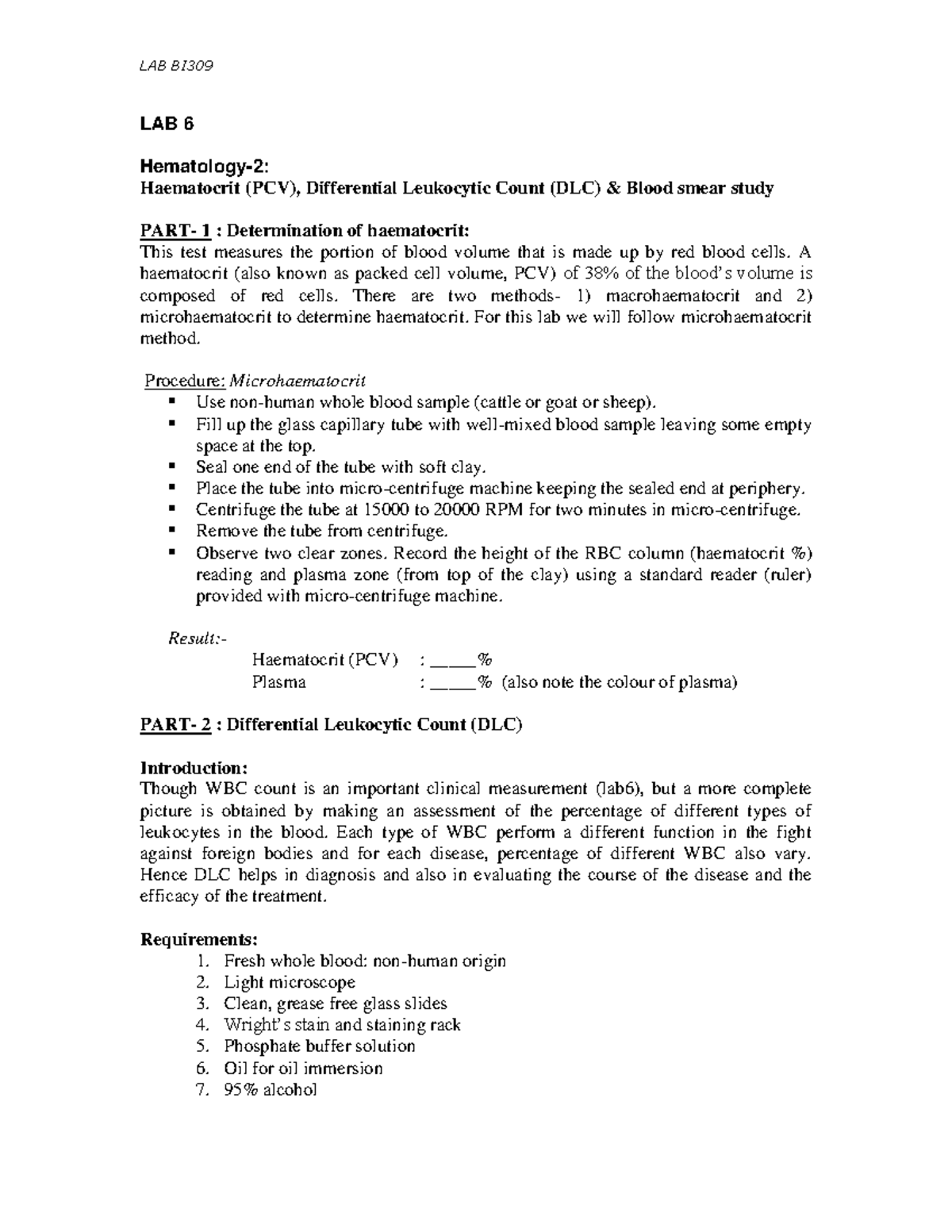Lab-6 Hematology: PCV, DLC, & Blood Smear Preparation Guide - Studocu