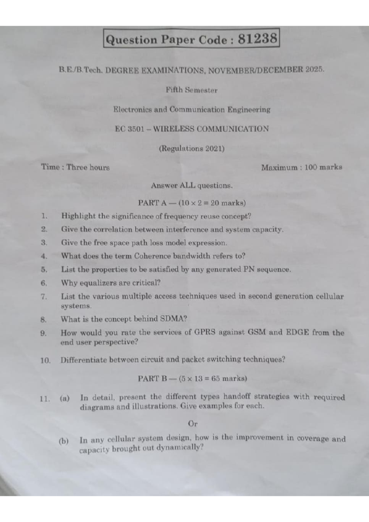EC3501 Wireless Communication Nov-Dec 2025 Exam Paper - Studocu