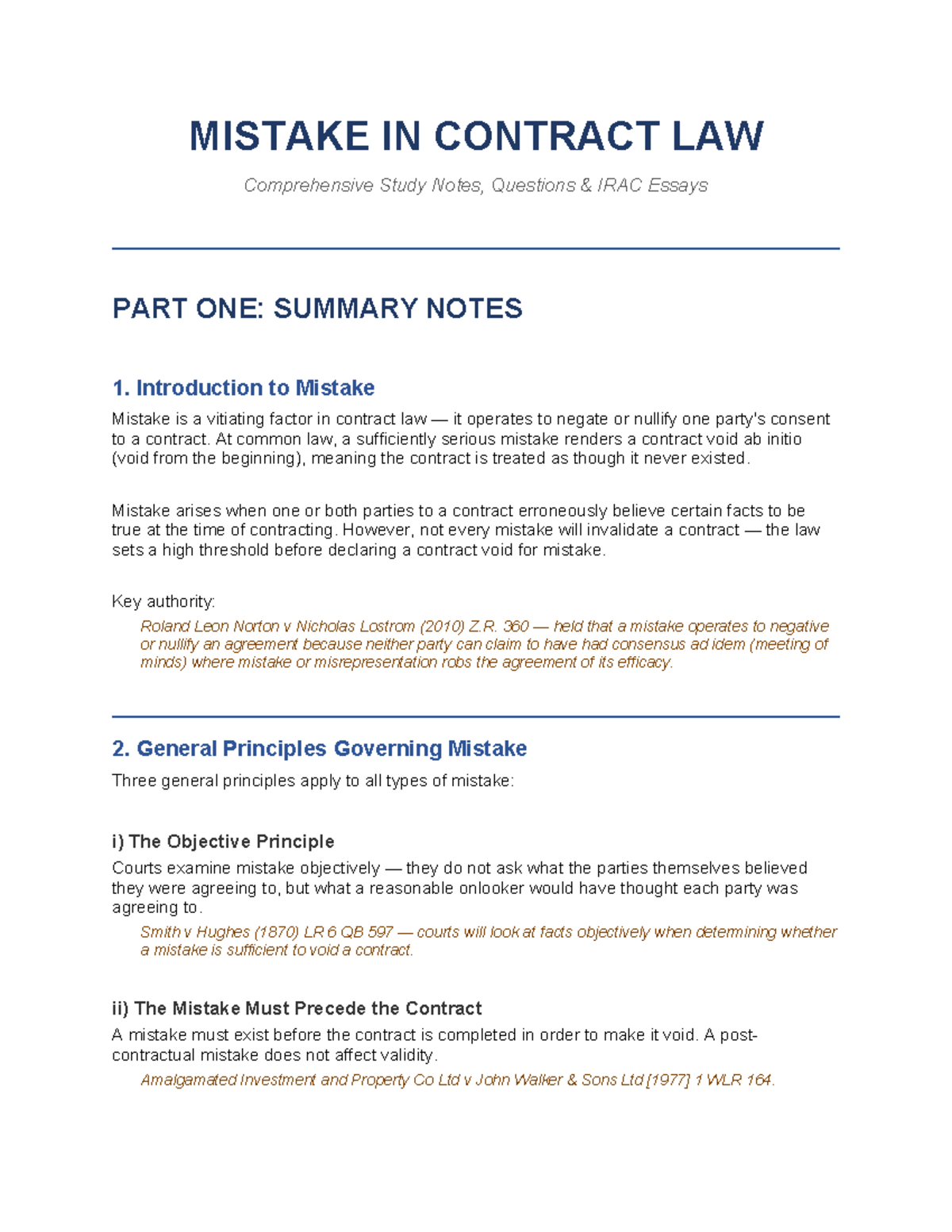 MISTAKE IN CONTRACT LAW (LAW 101) Comprehensive Study Notes & IRAC ...