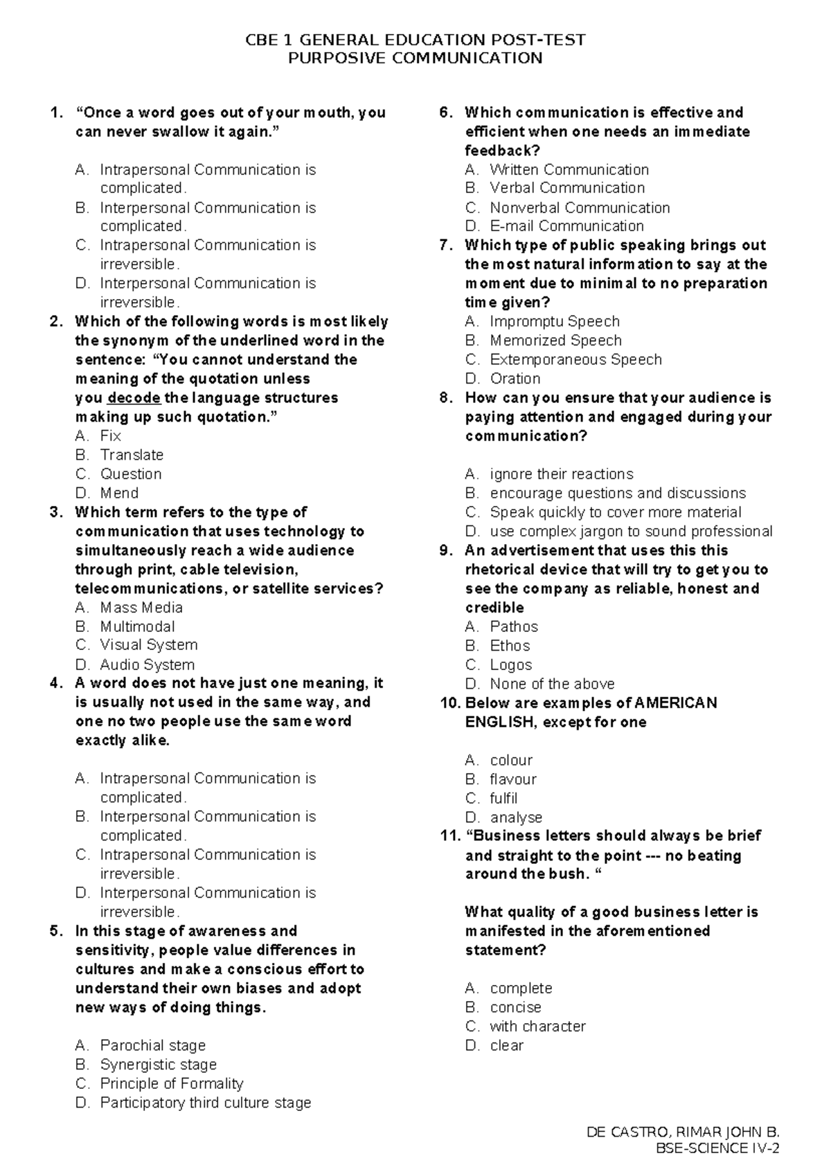 CBE 1 Purposive Communication Posttest Review Notes - Studocu