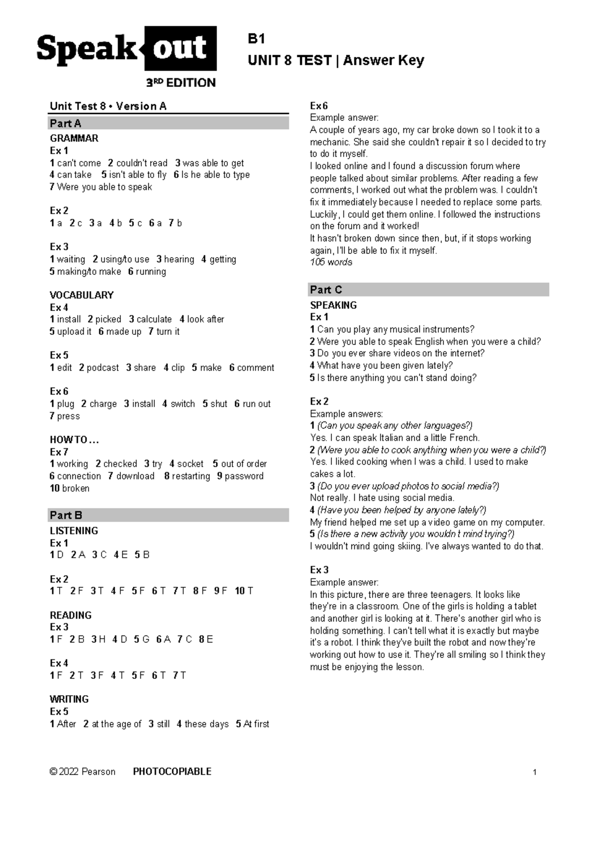 SO3 B1 Unit Test U8 Answer Key - Grammar, Listening, Reading, Writing ...