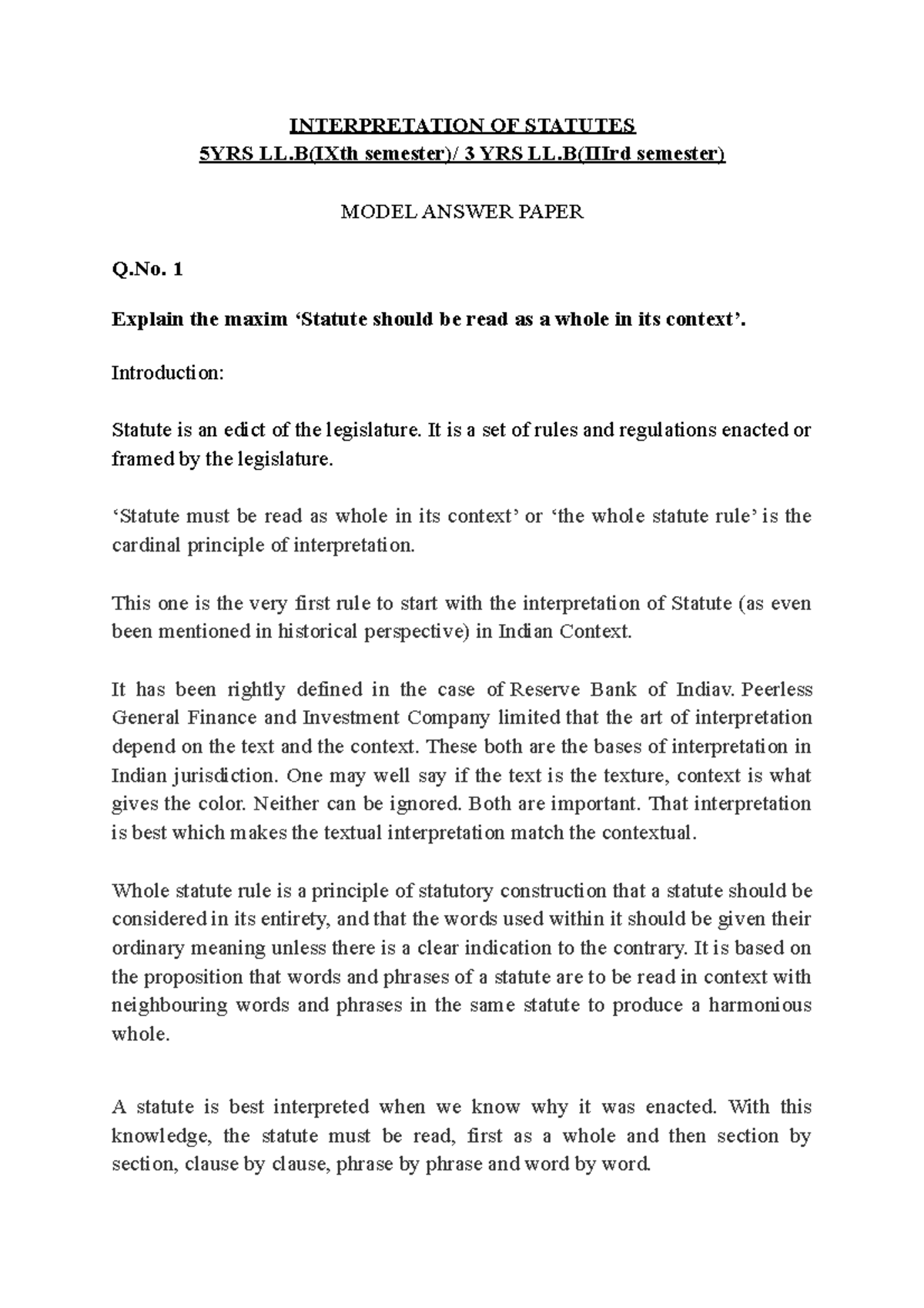 KSLU 5YRS LL.B IX/3: Comprehensive Notes on Statutory Interpretation ...