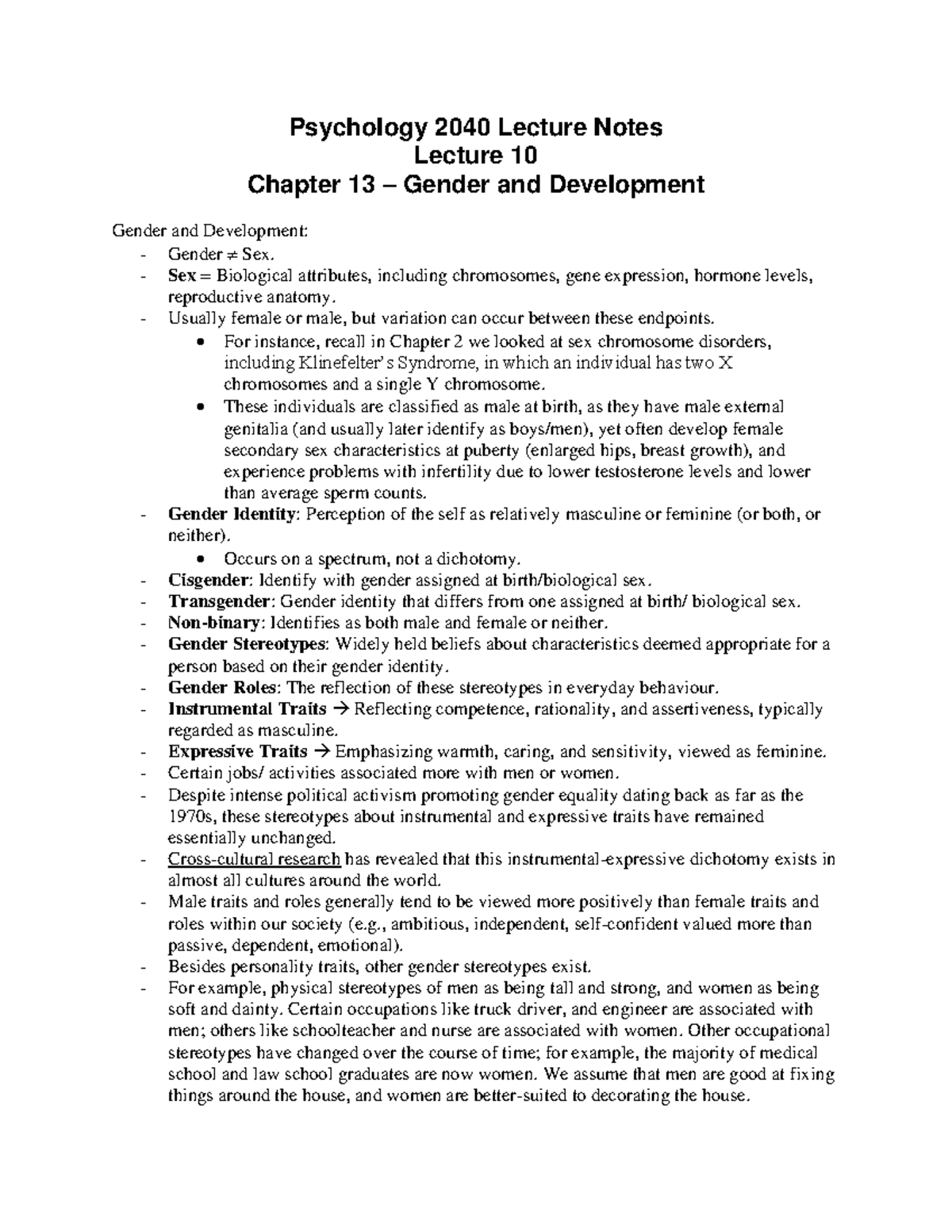Psychology 2040 Lecture Notes: Chapter 13 - Gender and Development ...