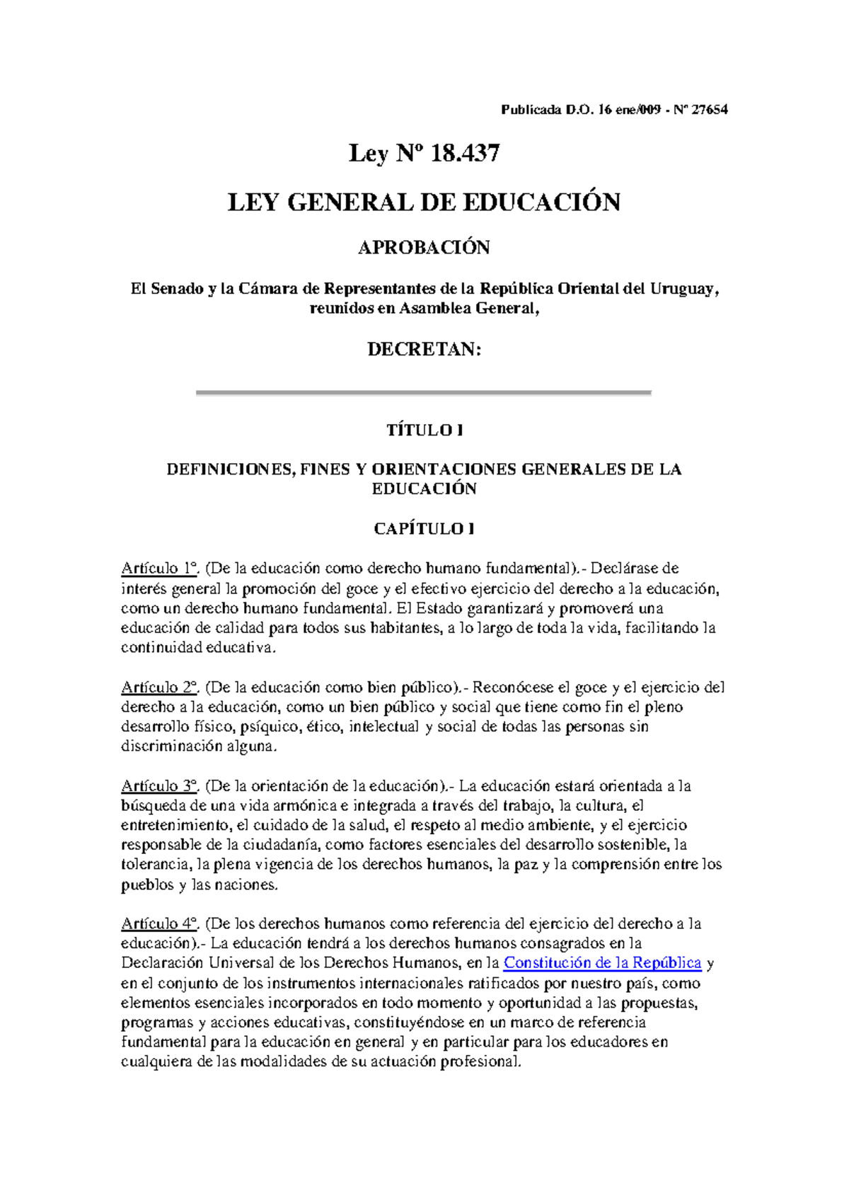 Ley General de Educación N° 18437: Definiciones y Principios - Studocu