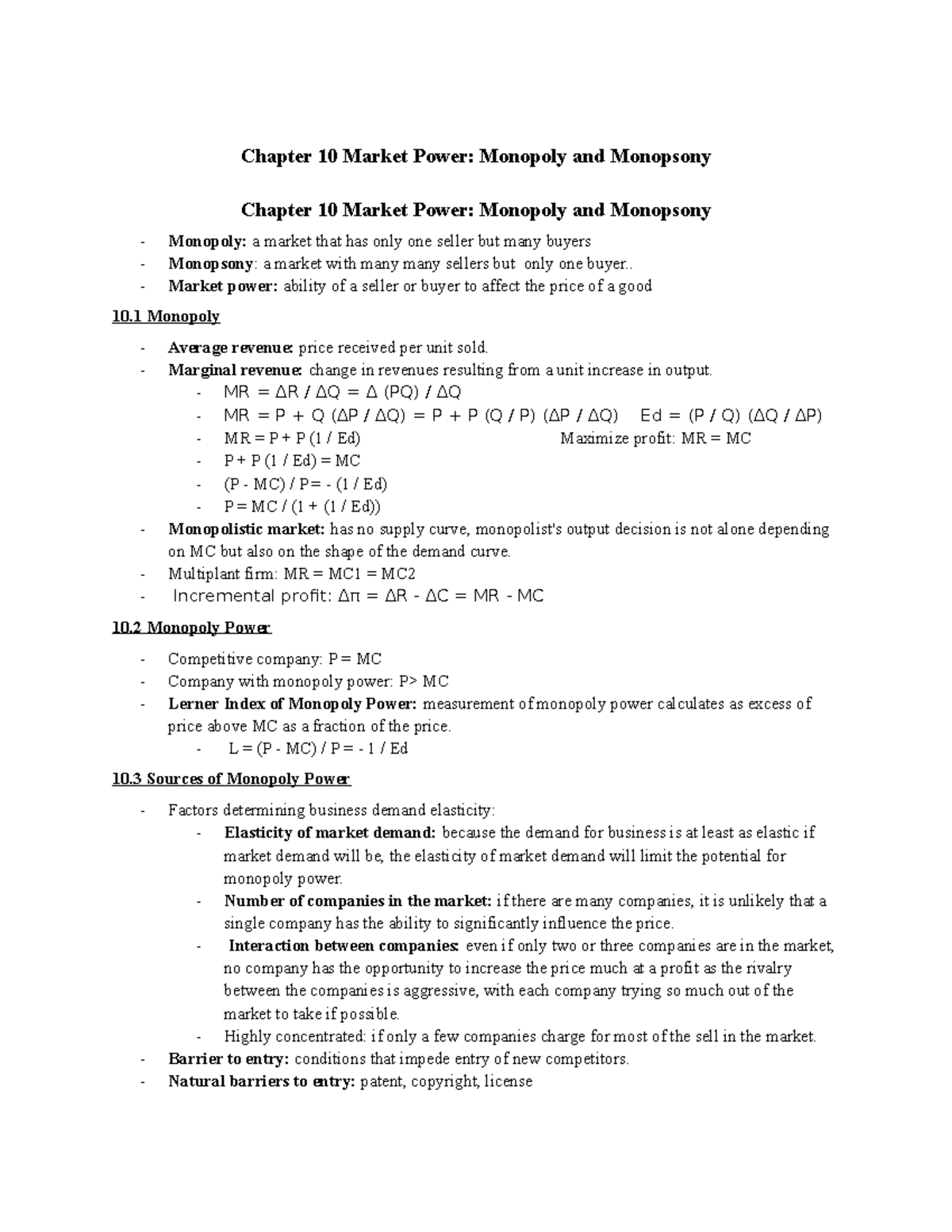Chapter 10 Market Power Monopoly and Monopsony - Chapter 10 Market ...