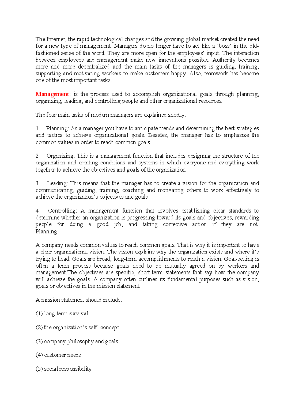 Summary of Management Principles and Practices (Course Code: MGT101 ...