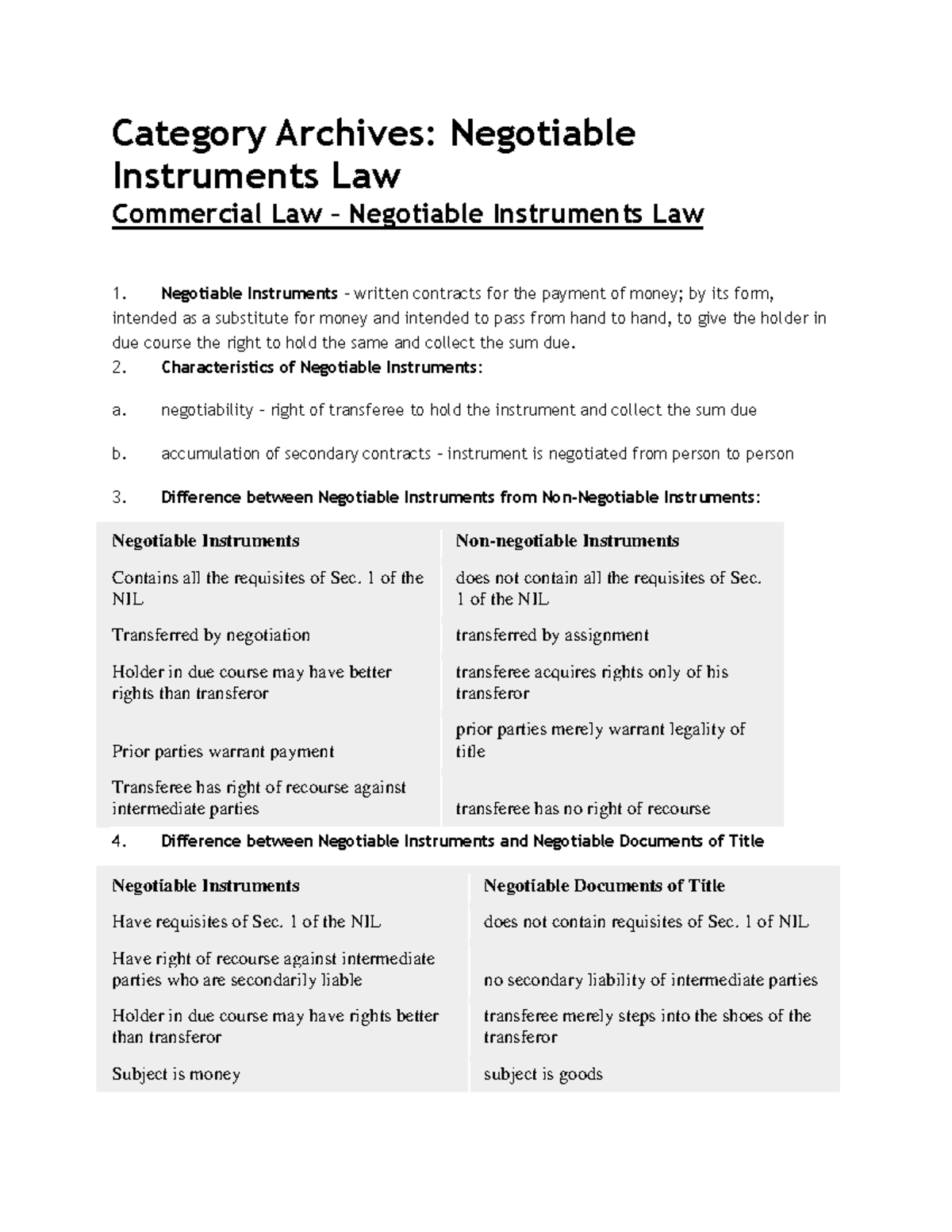 Negotiable Instruments Law Review (NIL) - Key Concepts and Differences ...