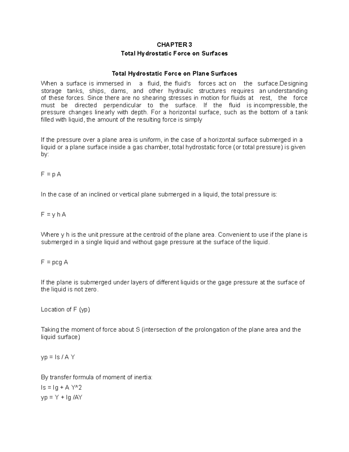 CHAPTER 3 Lecture: Total Hydrostatic Force on Surfaces in Hydraulics ...