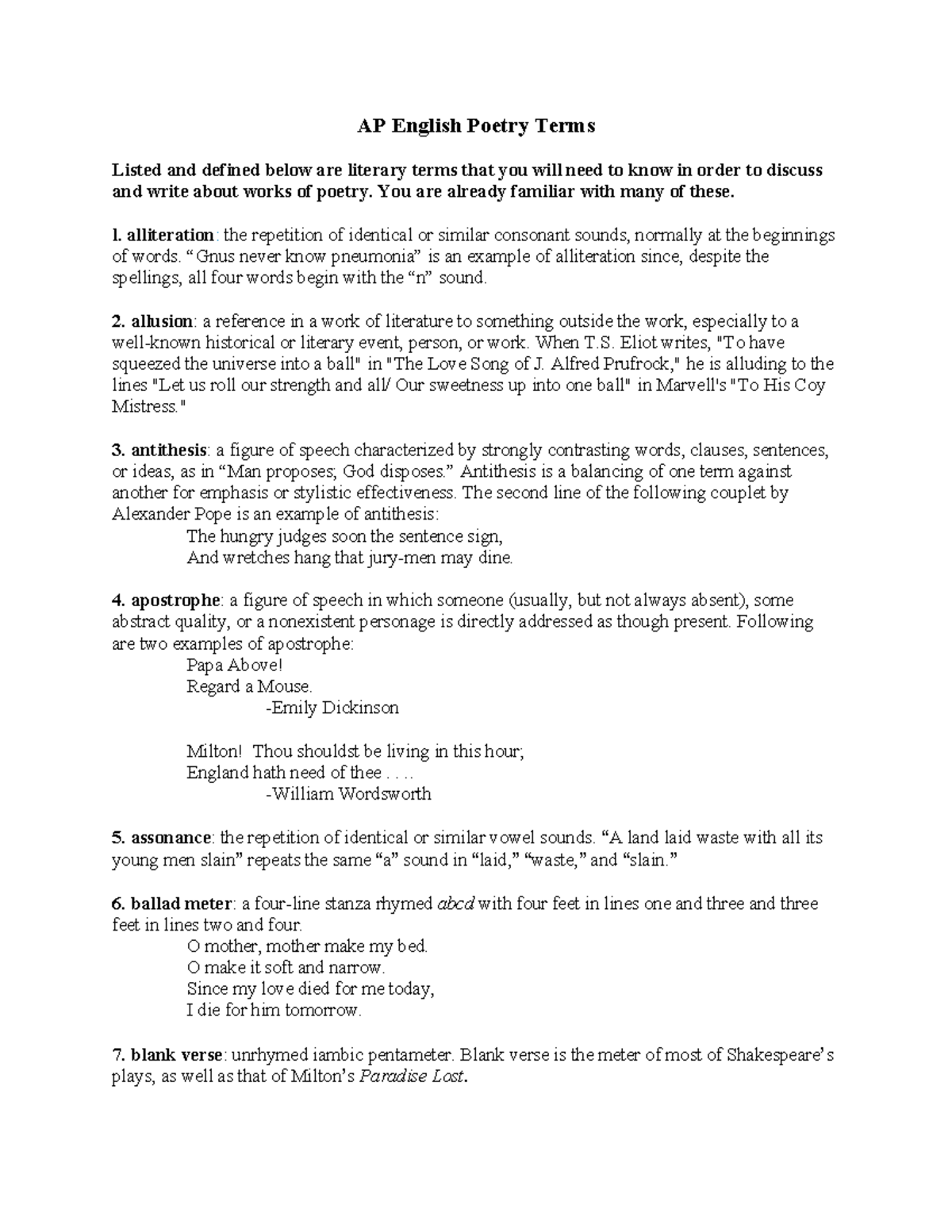 AP English Poetry Terms: Key Definitions and Examples - Studocu