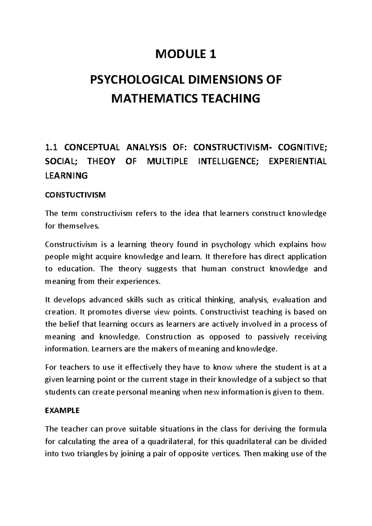 Mathematics Teaching Psychology 204: Constructivism & Learning Theories ...