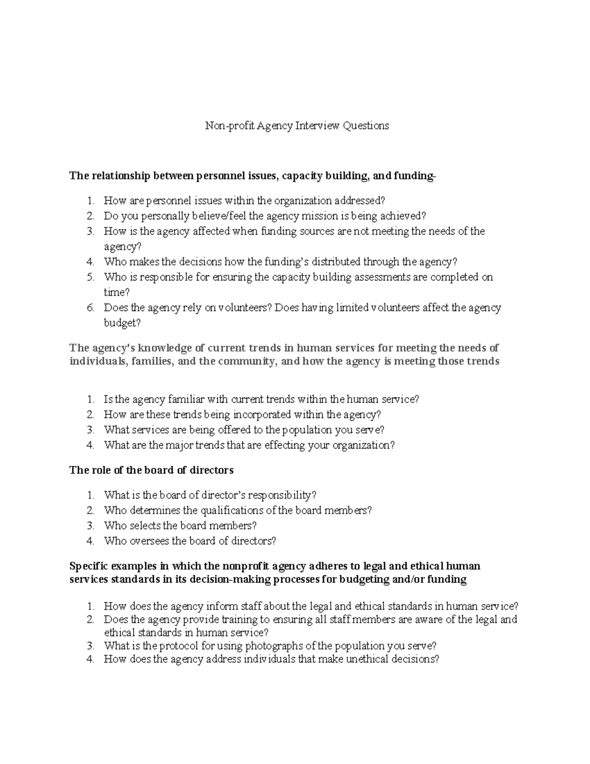 4-1 Non-Profit Agency Interview Questions and Topics Discussion - Studocu