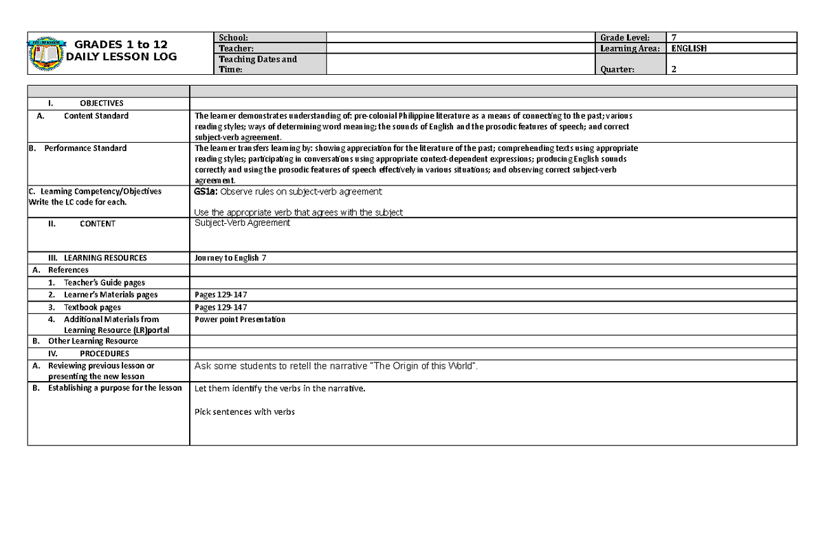 DLL English 7 Q2 WEEK3 - N/A - GRADES 1 to 12 DAILY LESSON LOG School ...