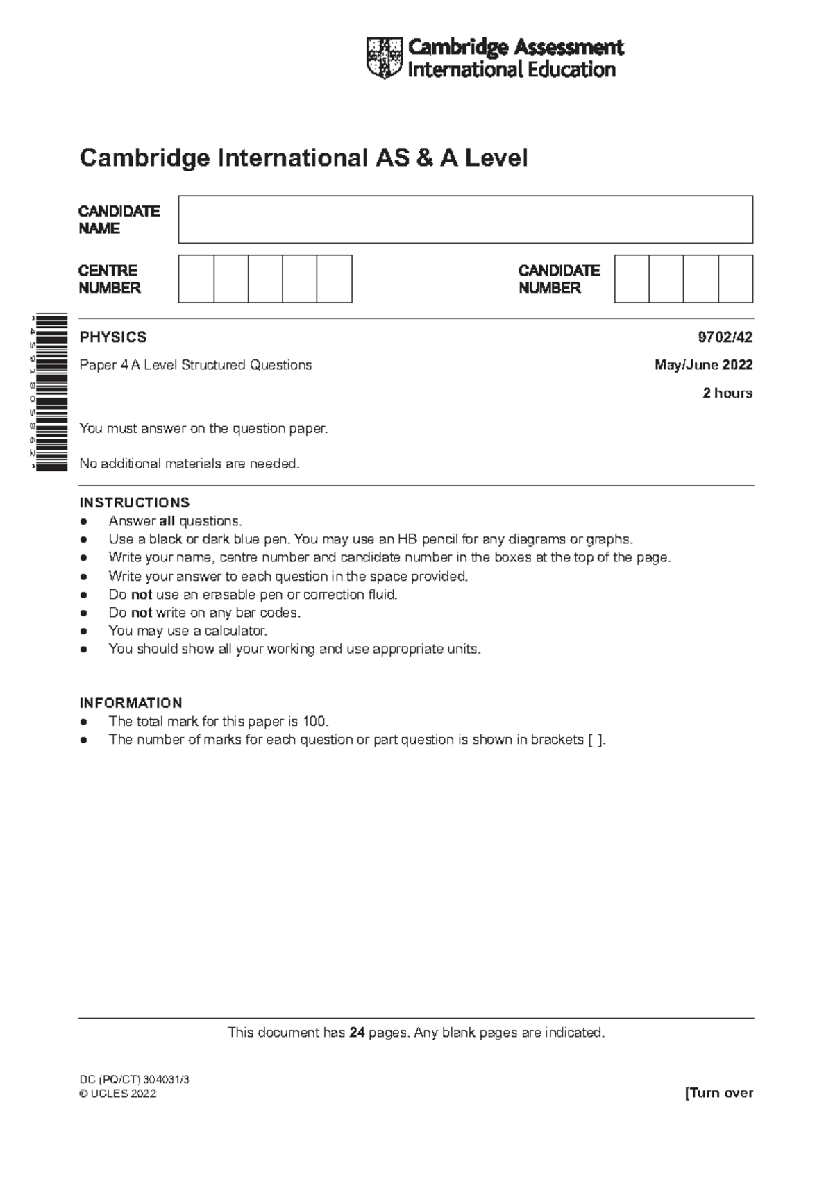 Cambridge International AS A Level 9702/42 Physics Paper 4 Structured ...
