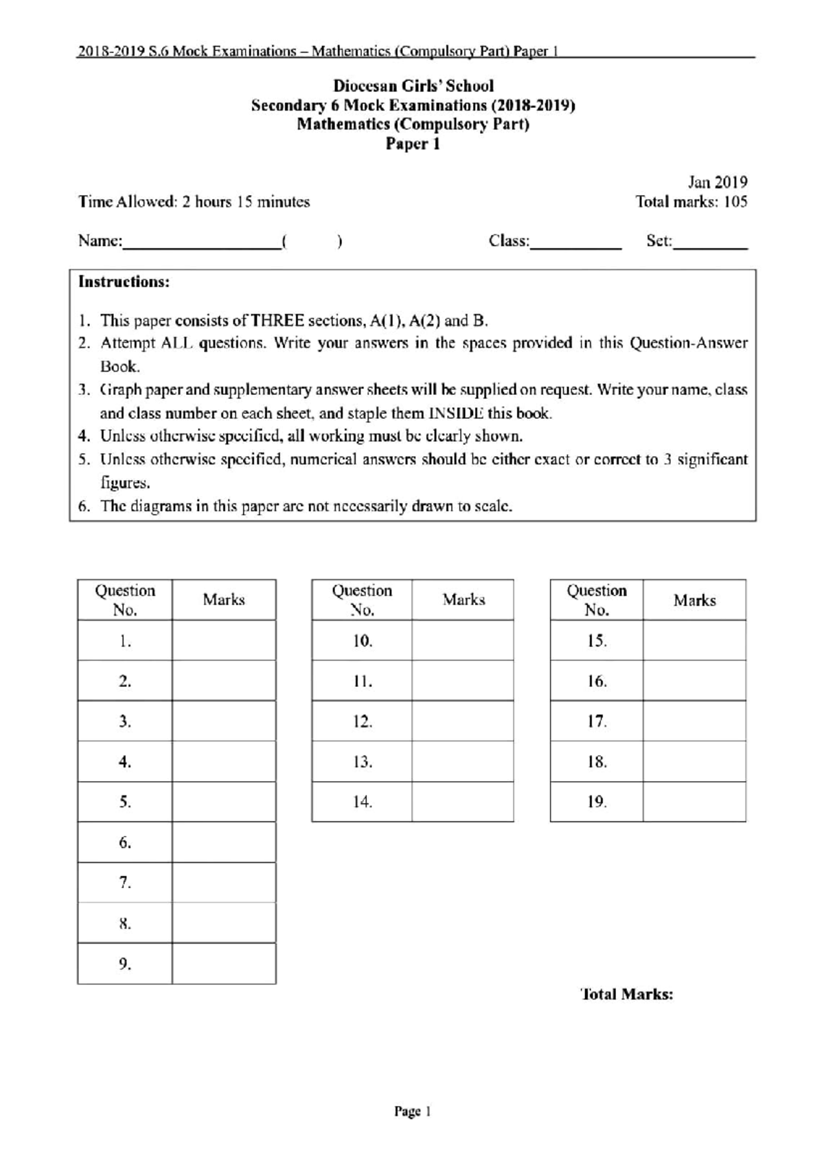 DGS 2019 S.6 Mathematics (Compulsory) Mock Exam Paper 1 - Studocu