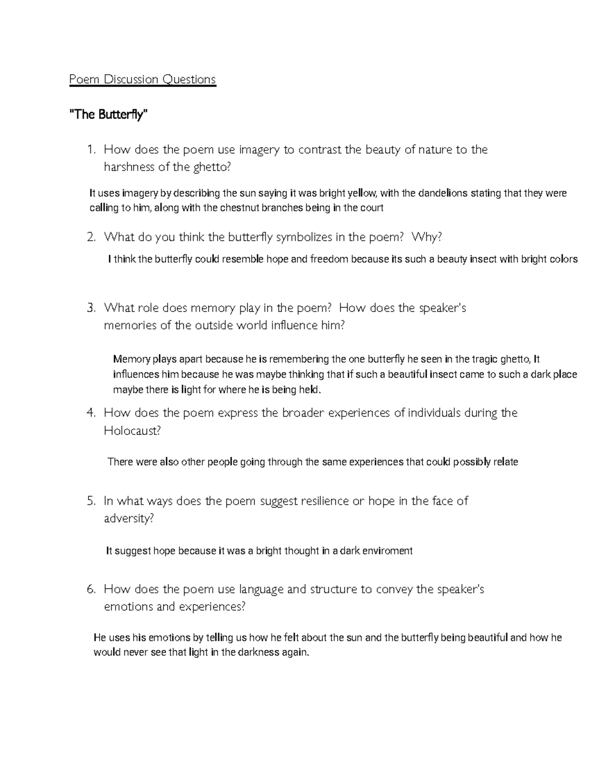 ENG 201 - Poem Discussion Questions on "The Butterfly" Analysis - Studocu