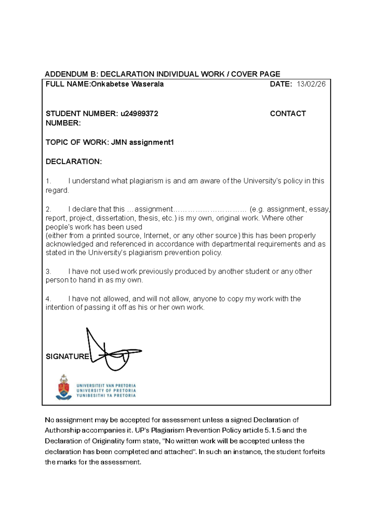 JMN Assignment 1: Declaration of Authorship & Lecture Notes - Studocu