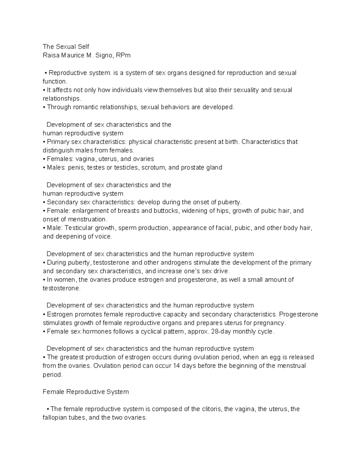 UTS- Notes - The Sexual Self Raisa Maurice M. Signo, RPm - Reproductive ...