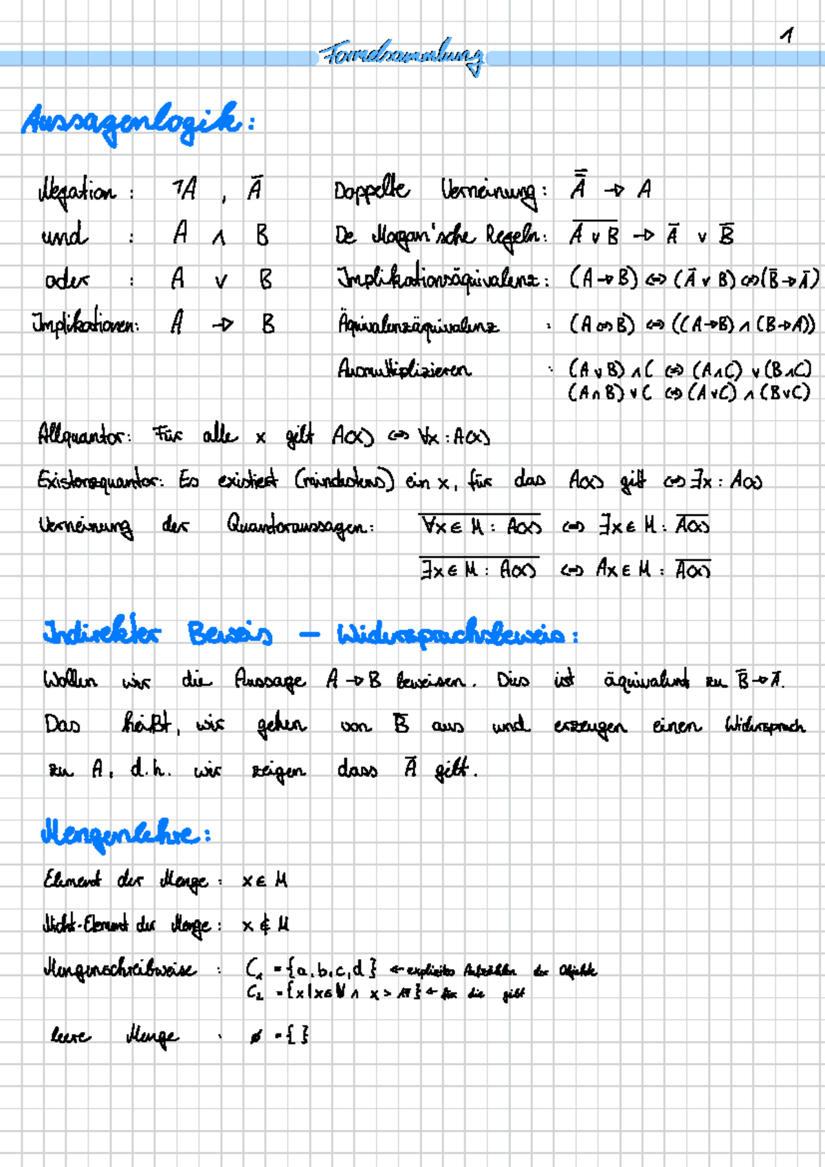 Formelsammlung für MA1: Logik, Mengenlehre und Grenzwert-Berechnung - Document Preview