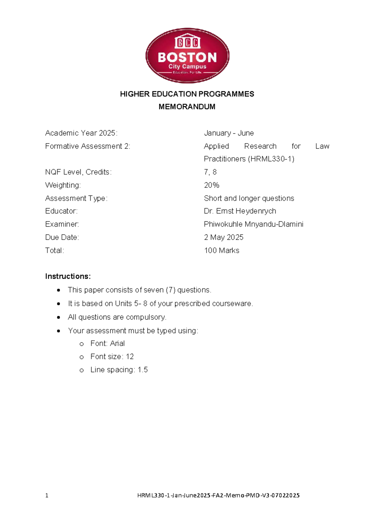 HRML330 Jan-June 2025 FA2 Memo: Applied Research for Practitioners ...