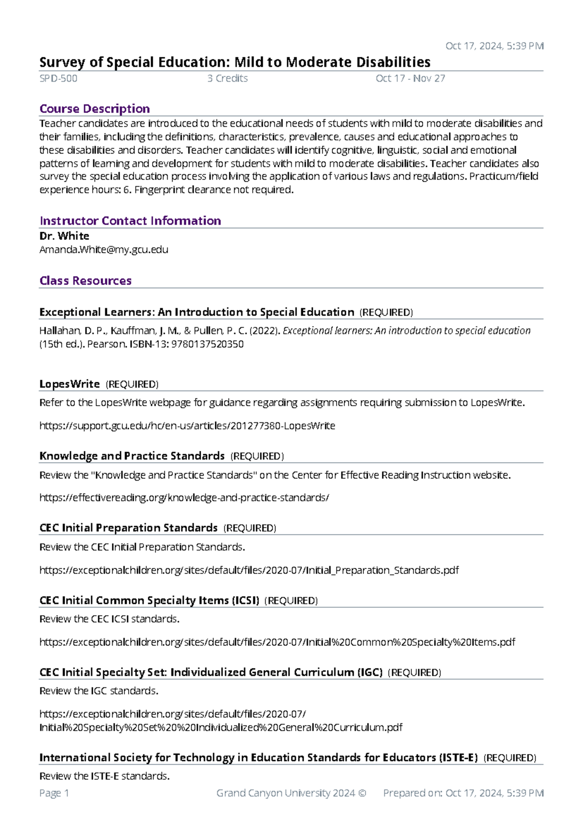 Survey of Special Education Syllabus - SPD 500 (Mild to Moderate ...