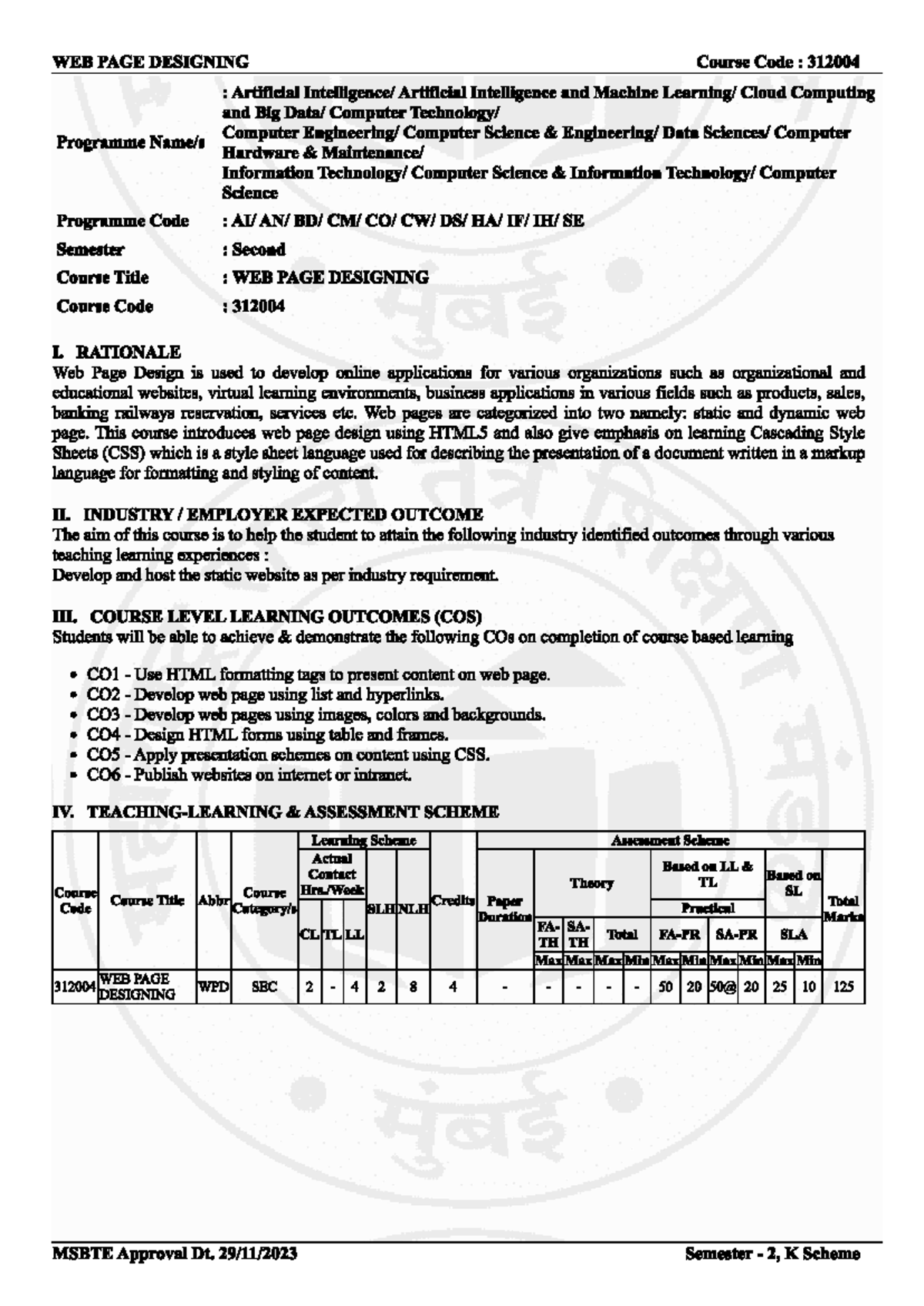 WEB PAGE DESIGNING Course 312004 - Summary and Learning Outcomes - Studocu