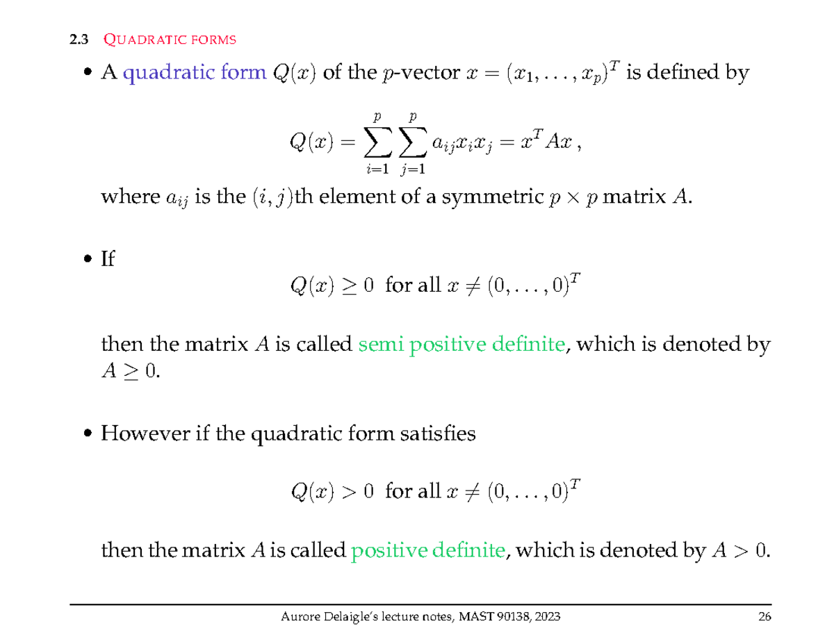 Week2 Final lecture slides - 2 QUADRATIC FORMS A quadratic form Q(x) of ...