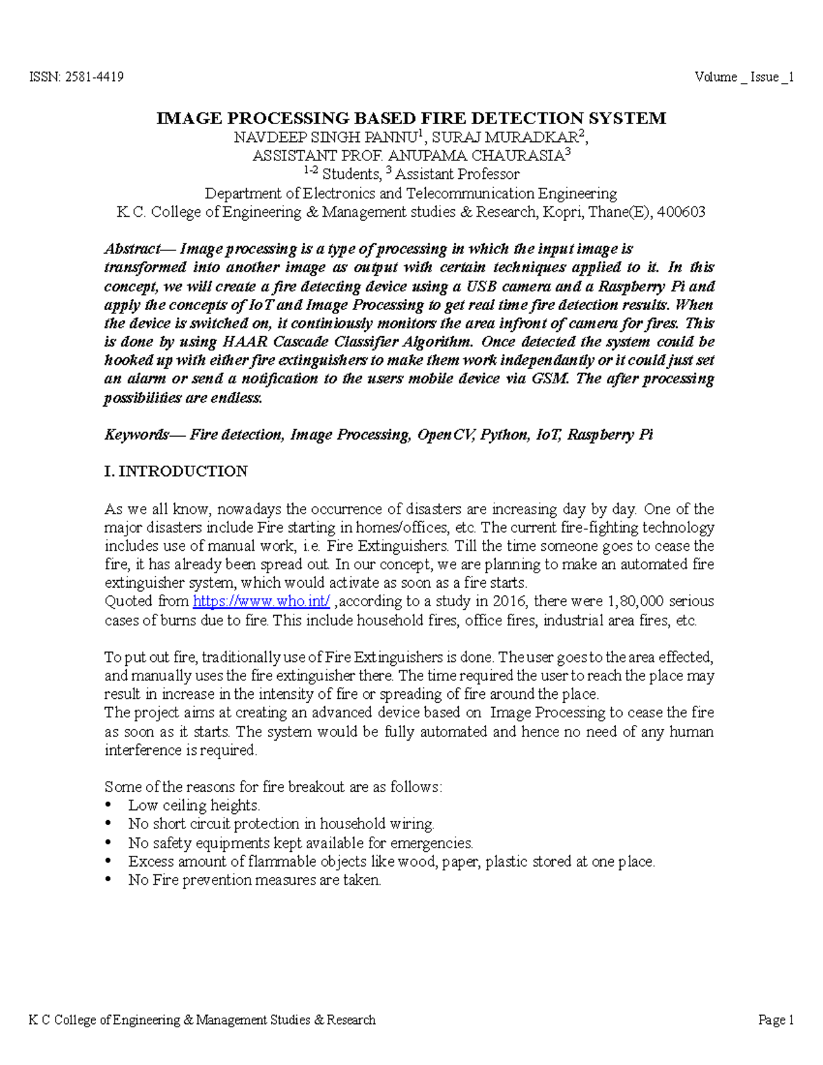 Image Processing Based Fire Detection System - KCE 101 Final Project ...