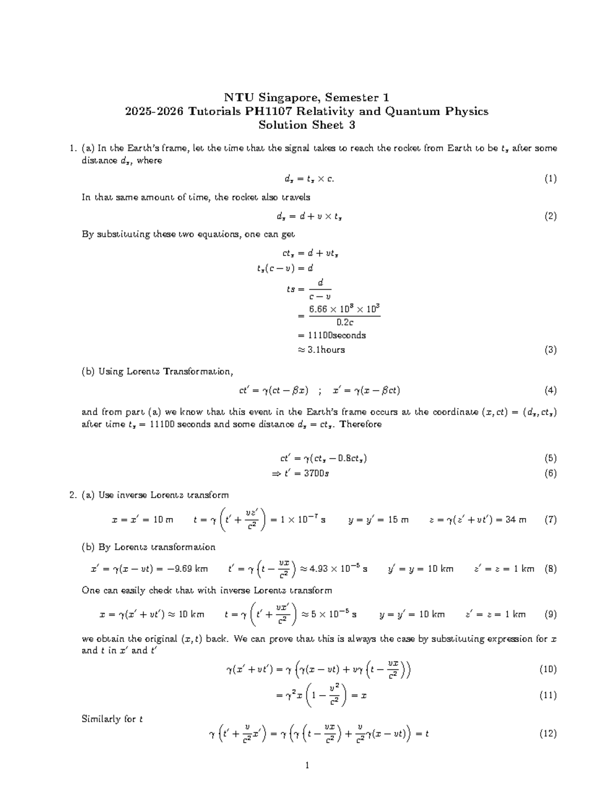 NTU PH1107 Relativity & Quantum Physics Tutorial 3 Solutions - Studocu