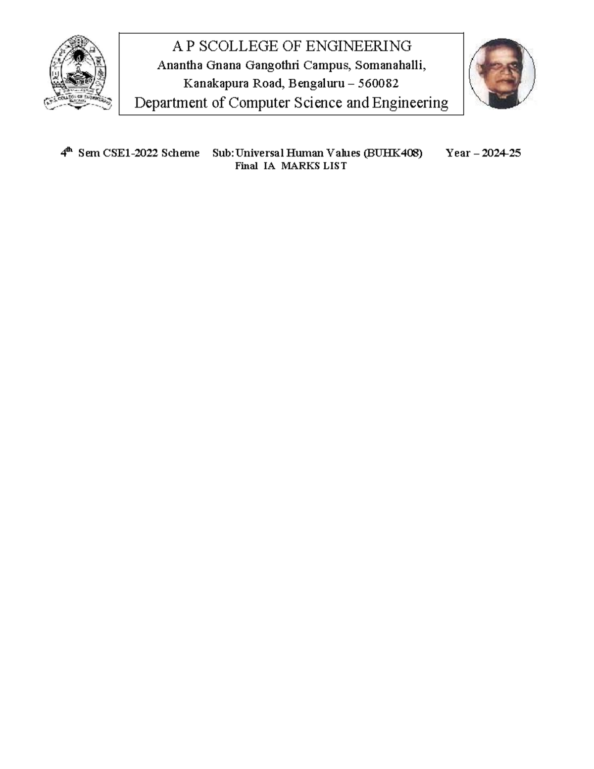 IA Marks List for 4th Sem CSE (BUHK408) - Final Assessment - Studocu