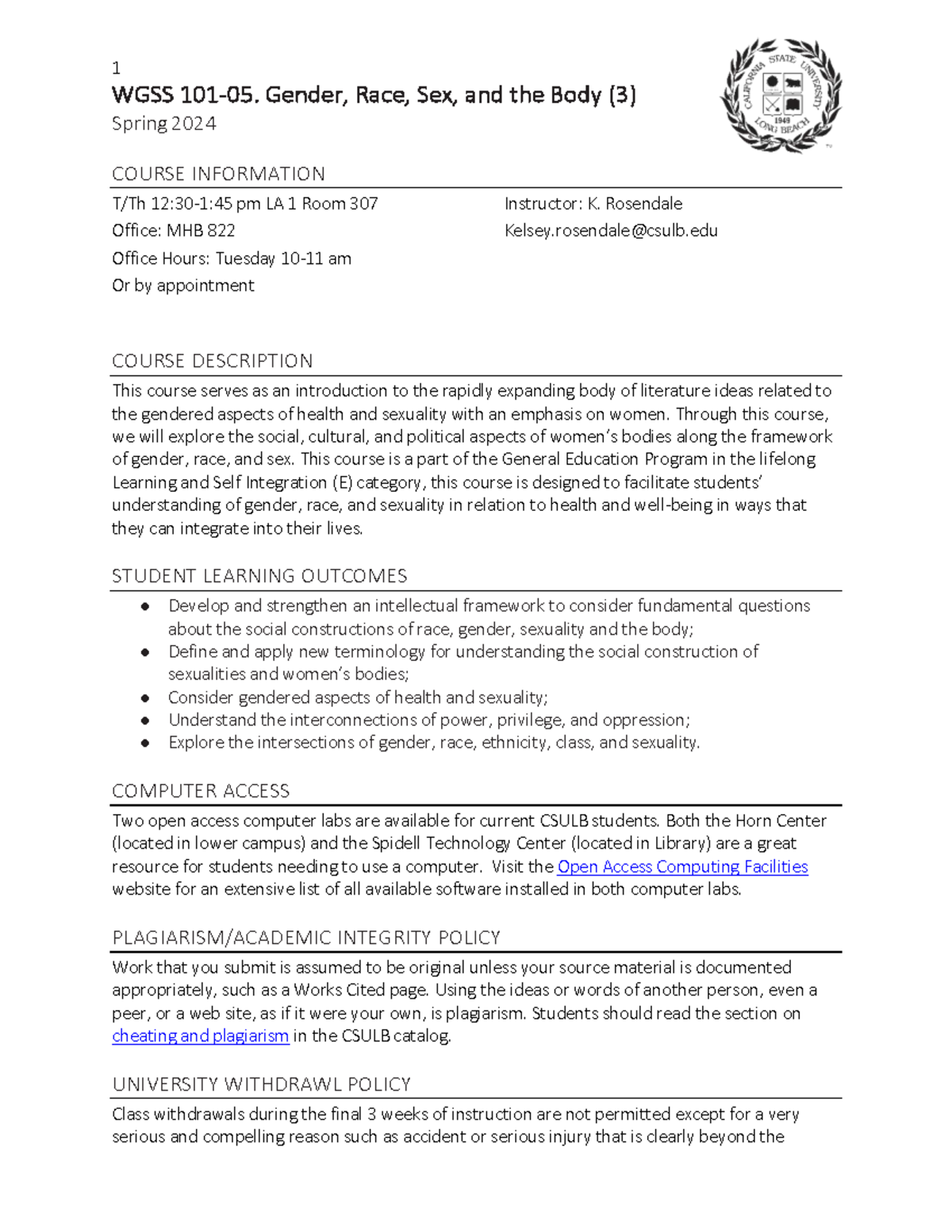 WGSS 101 (05) Spring 2024: Gender, Race, and Health Course Overview ...
