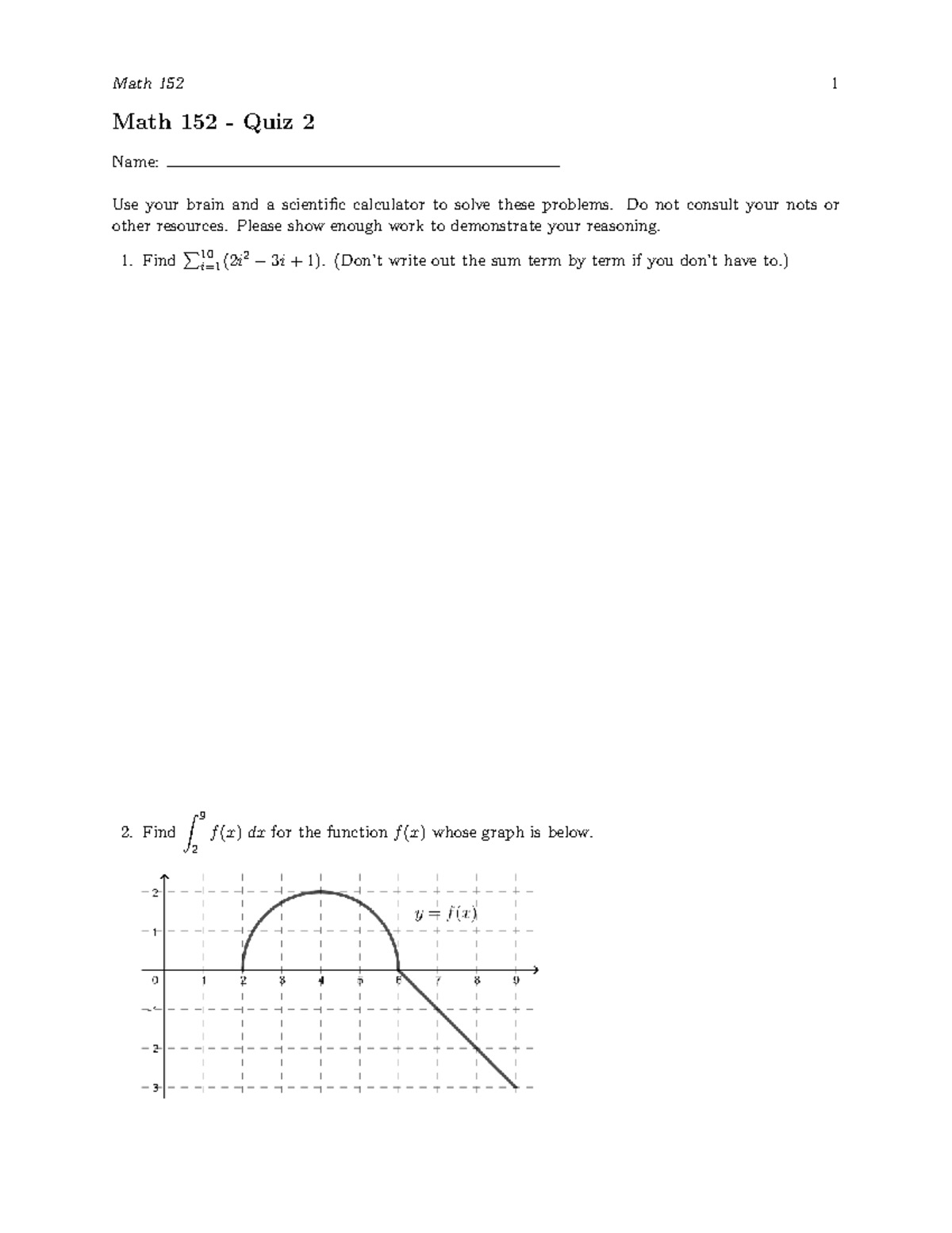 Quiz2 - practice midterm - Math 126 - Math 152 1 Math 152 - Quiz 2 Name ...